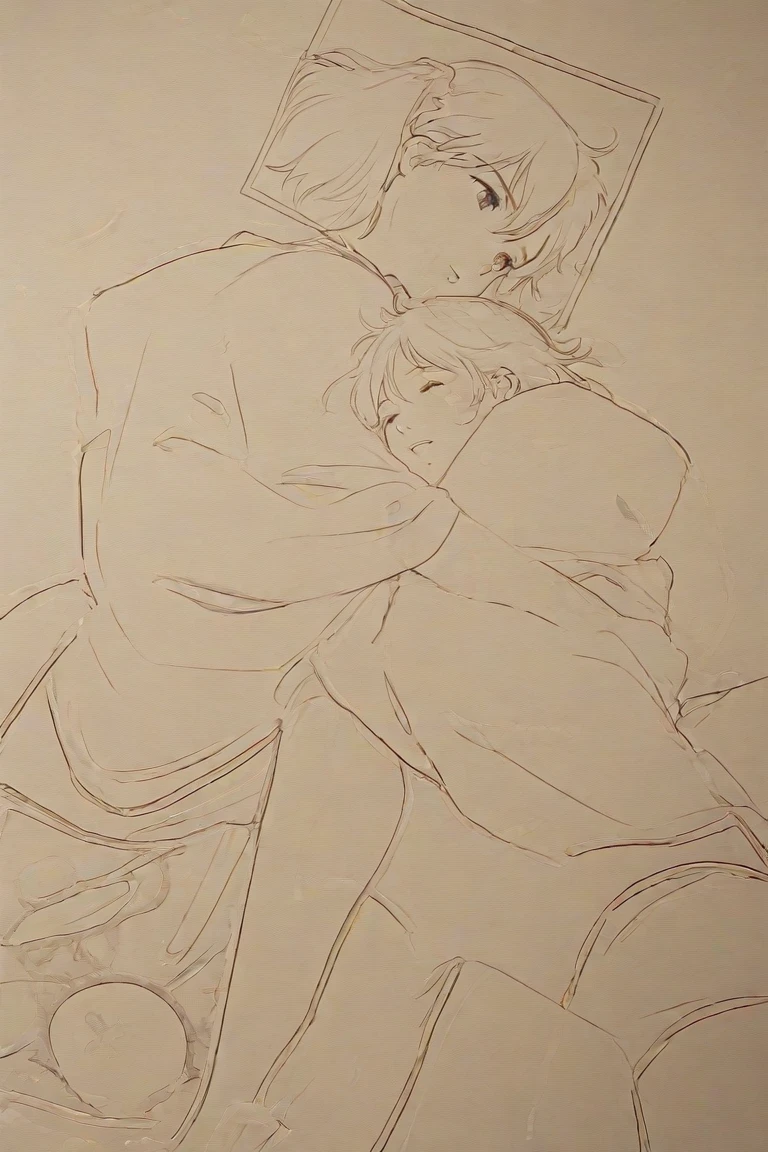 a skinny black boy and a muscular man cuddling in bed while wearing only white underwear manga line art