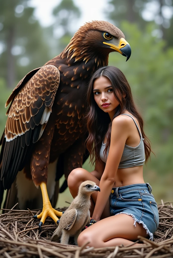 Perfect face, cute girl, big breasts, 22 year old, brown hair, naked, hands and legs tied, blind folded, inside a vulture nest, on a huge tree, back view