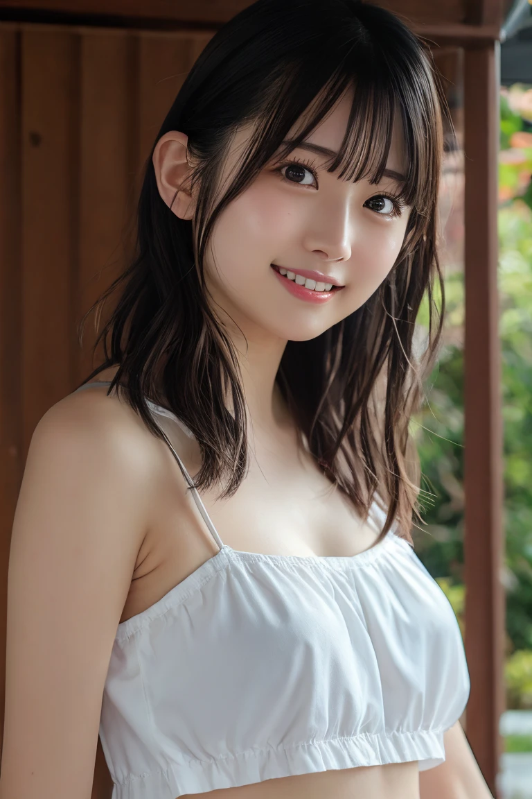 (8K、Raw photography、top-quality、​masterpiece:1.2)、(realisitic、Photorealsitic:1.37)、ultra-detailliert、超A high resolution、女の子1人、see the beholder、beautifull detailed face、Cheerful smile、Constriction、(Slim waist) :1.3)、Idol in high school uniform、Beautiful detailed skin、Skin Texture、The background is a typical residential area of daily life in Japan、White Beige Knitted Camisole、Very thin and very thin shoulder strap(Previous button)　Chest wide open、I can see the cleavage　15yo student　Neat and elegant　The average hairstyle of Japan idols　little smiling　waist shot