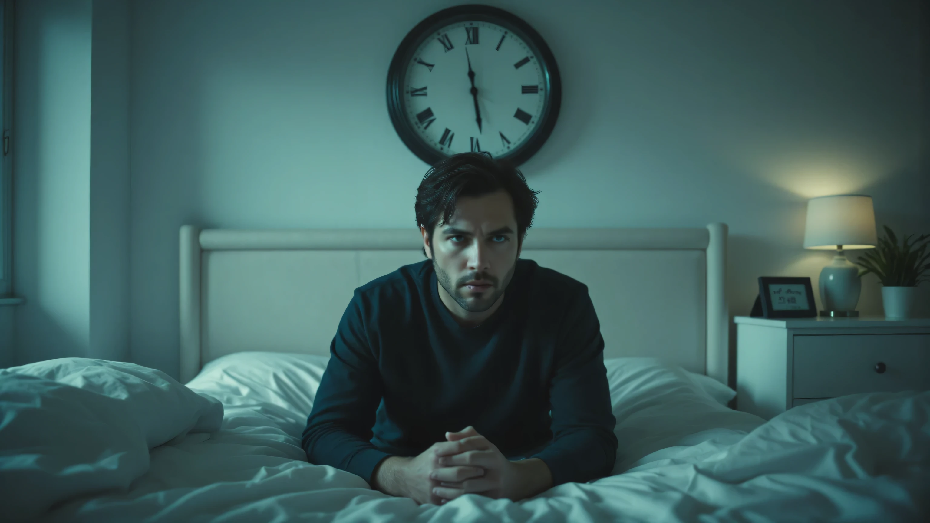High quality, realistic photo. 4k image. A sad man is sitting in bed, a clock hangs on the wall above the bed, which shows half past four. The room is neat and stylish