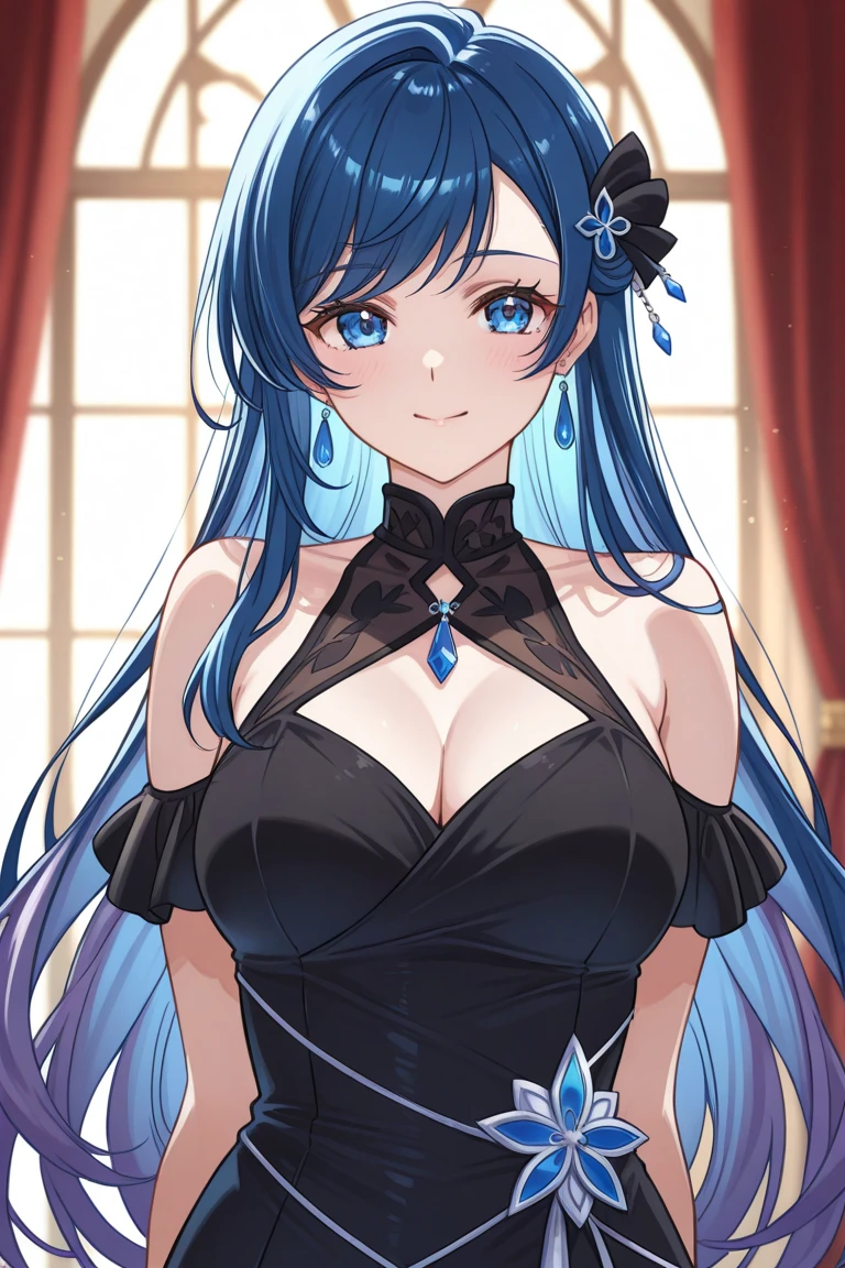 (masterpiece:1.4、top-quality、illustration:1.4,realistic、)、(character focus、,upper body:1.3)、(1girl),(happy smile:1.3),(cute),cute face,blue eyes、(cute)、
,(stand:1.4),(black hair bun),
,(slender),(china dress:1.3),
(),(), (huge breasts:1.3)、
、slender、