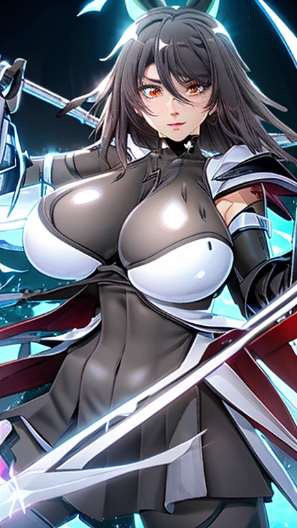 1girl, highly detailed, masterpiece, best quality, correct hands, short black hair, blue eyes, black robes, black pants, blue shirt, black vest, medium breasts, defined curves, smug look, satisfied look, mountain background, storm, lightning, floating, stormy atmosphere, surrounded by lightning