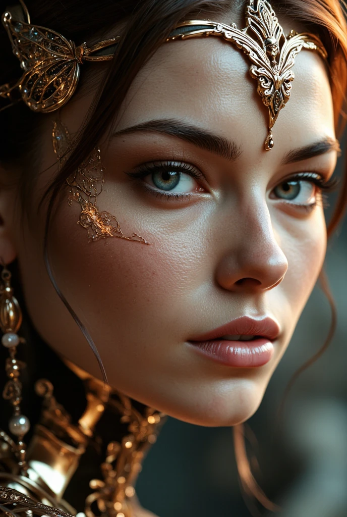 8k portrait of beautiful cyborg with brown hair, intricate, elegant, highly detailed, majestic, digital photography, art by artgerm and ruan jia and greg rutkowski surreal painting gold butterfly filigree, broken glass, (masterpiece, sidelighting, finely detailed beautiful eyes: 1.2), hdr, (detailed background window to a new dimension, plants and flowers:0.7) infinity, infinite symbol,