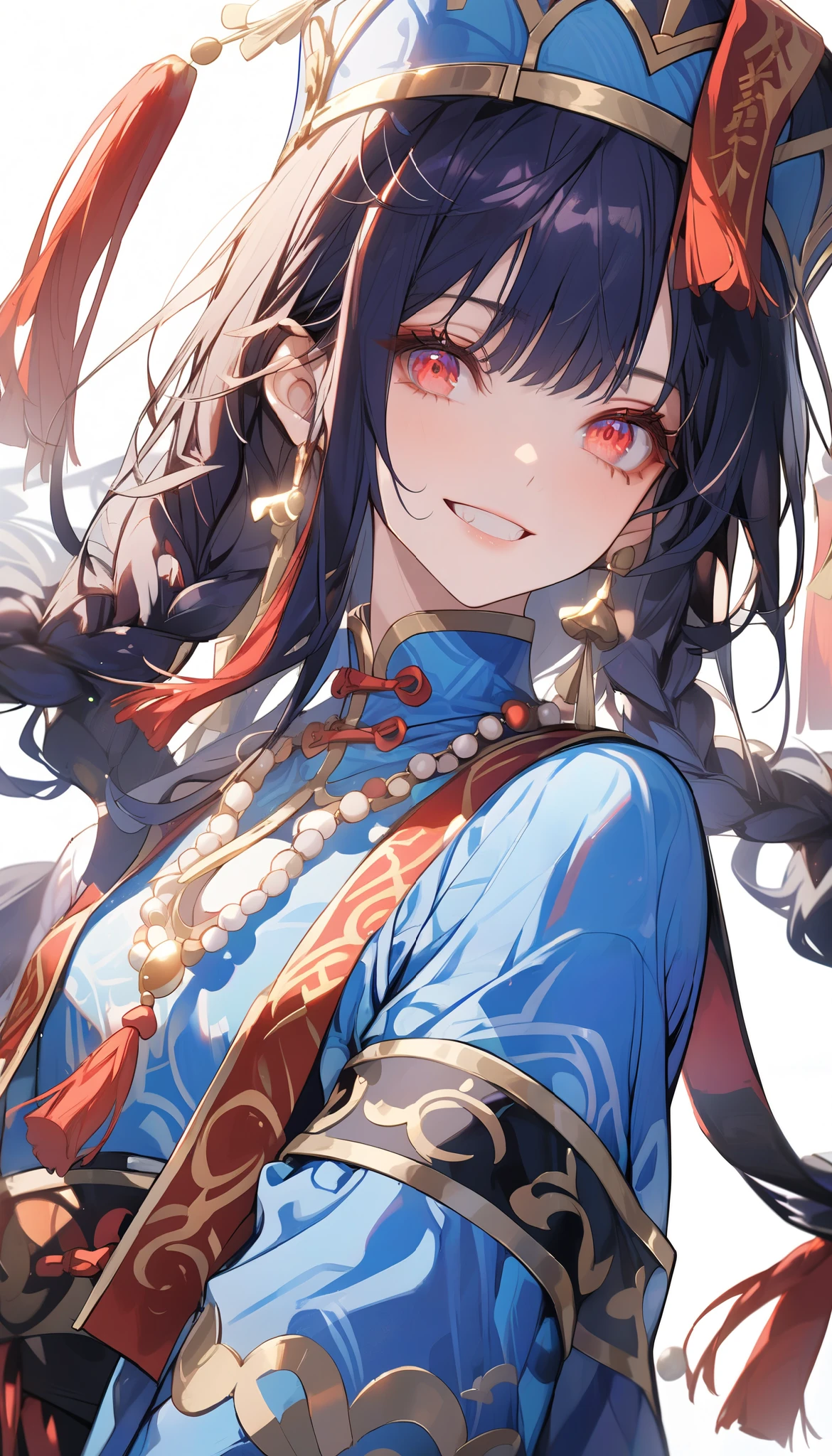 ( masterpiece, ultra high definition , Top Quality , clear focus , shadow, Ultra High Resolution, 8k, Perfect Anatomy) , perfect face, ( detailed face ), ( detailed eyes ), beautiful young female, big , natural lights, ((jiangshi girl)), (jiangshi talisman on face, Mala Bead necklace, braided hair), (red eyes, dark blue hair, cheeky grin, dynamic angle), (((blue skin all over)))