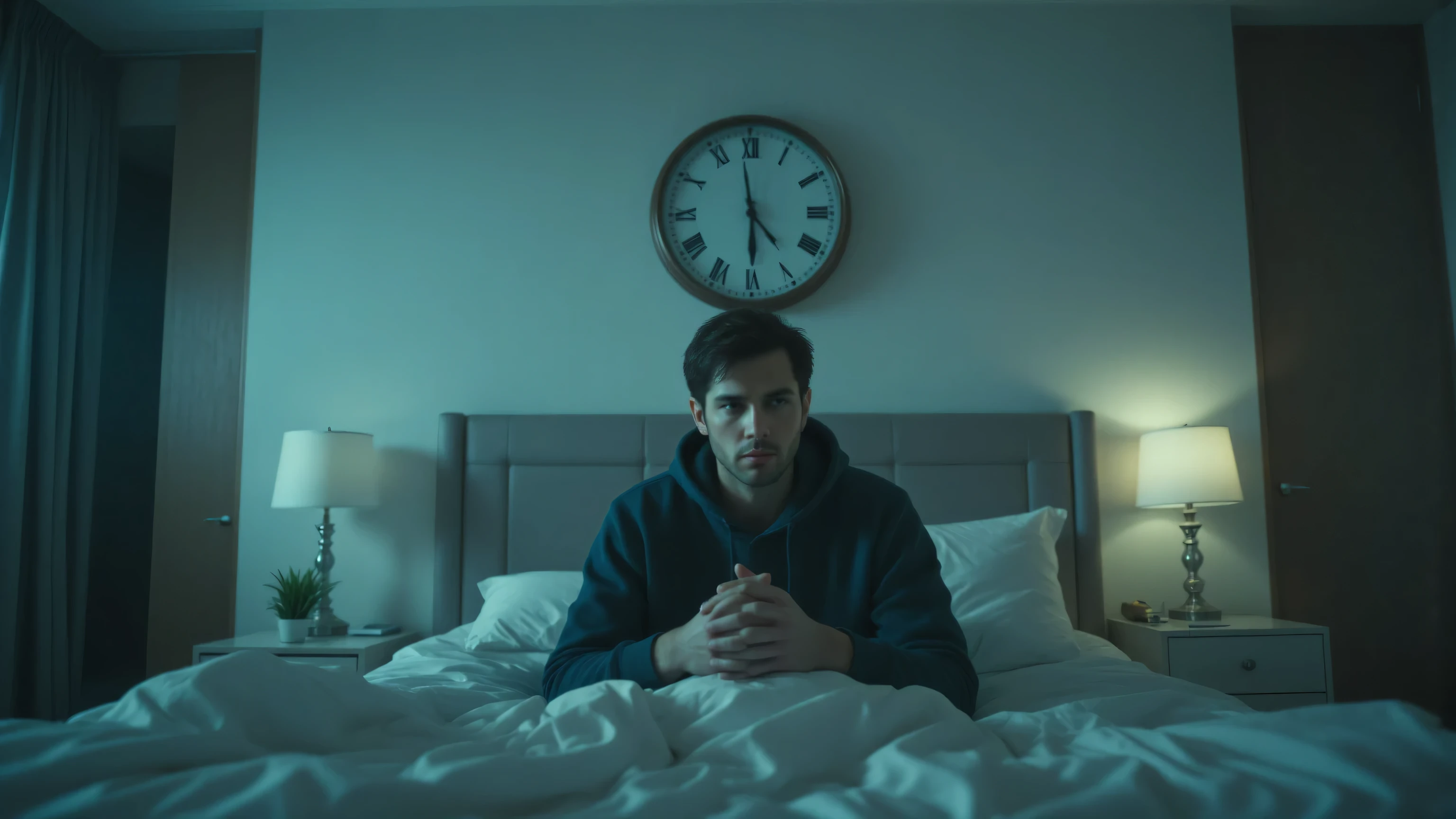 High quality, realistic photo. 4k image. A sad man is sitting in bed, a clock hangs on the wall above the bed, which shows half past four. The room is neat and stylish