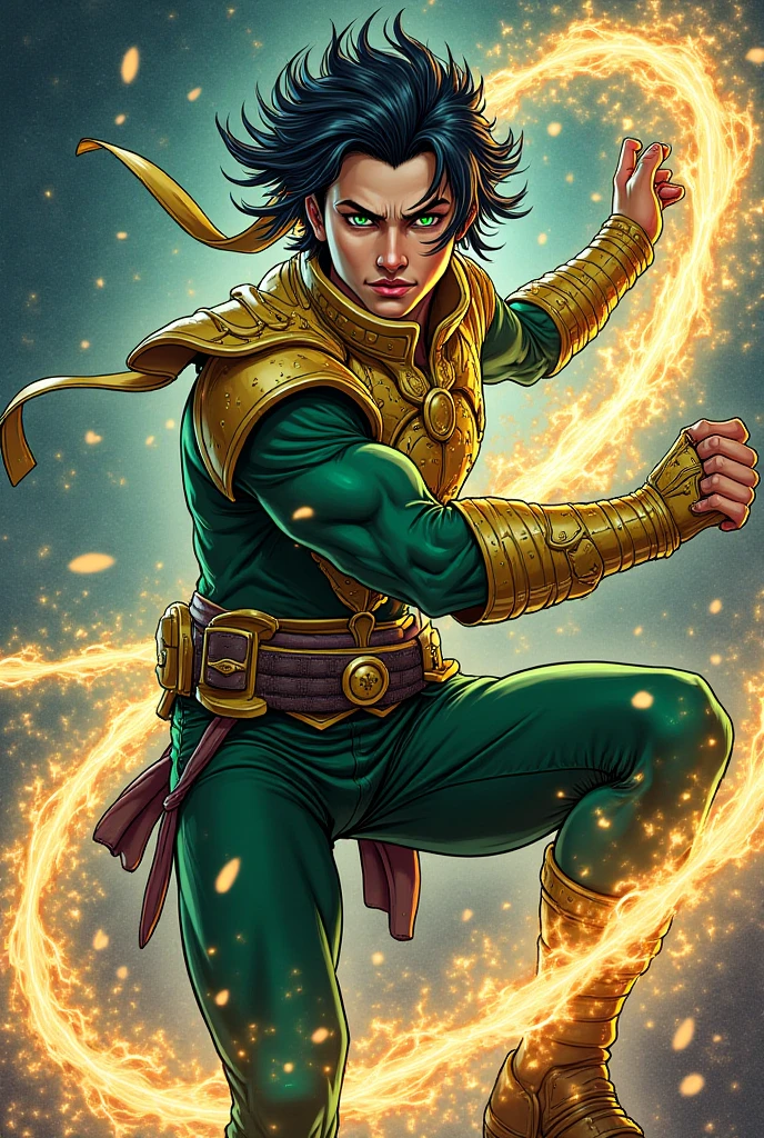 A very fast superhero with a blade thread in the logo of the uniform light brown color and water green and uses his daggers elders in the city fighting crimes