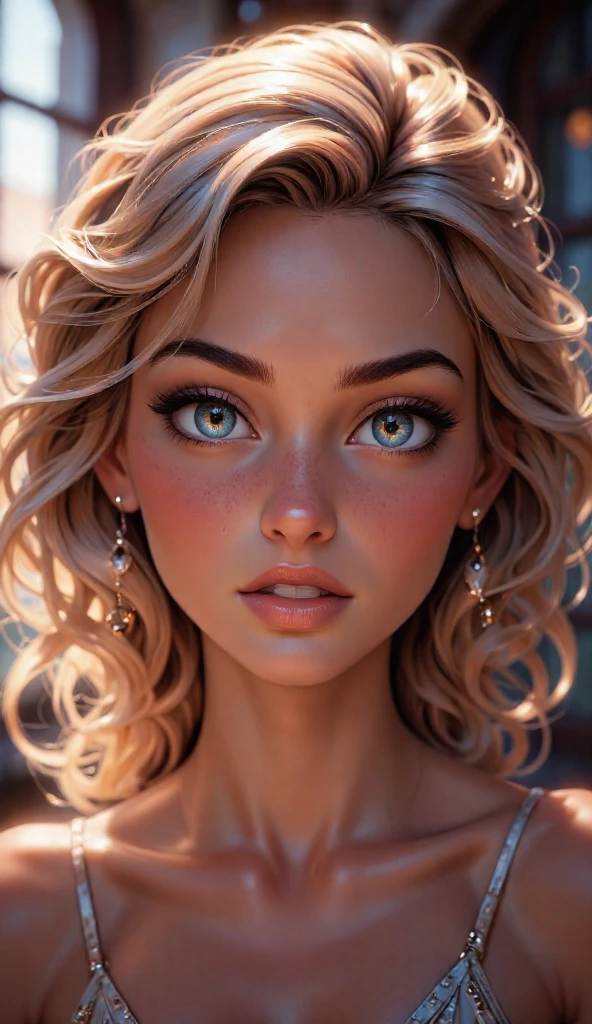(Best Quality, ultra detailed, photorealistic: 2.1), bright and vibrant colors, studio lighting, romantic expression, seductive, Lucy Pinder, portrait, Face portrait, Red lips, smiling, neckline, Voluptuous woman, chubby woman, straight hair, ironed hair, platinum hair, by the wide, White crop top, White skirt, Nursing Lingerie. creating a dreamy and magical atmosphere,