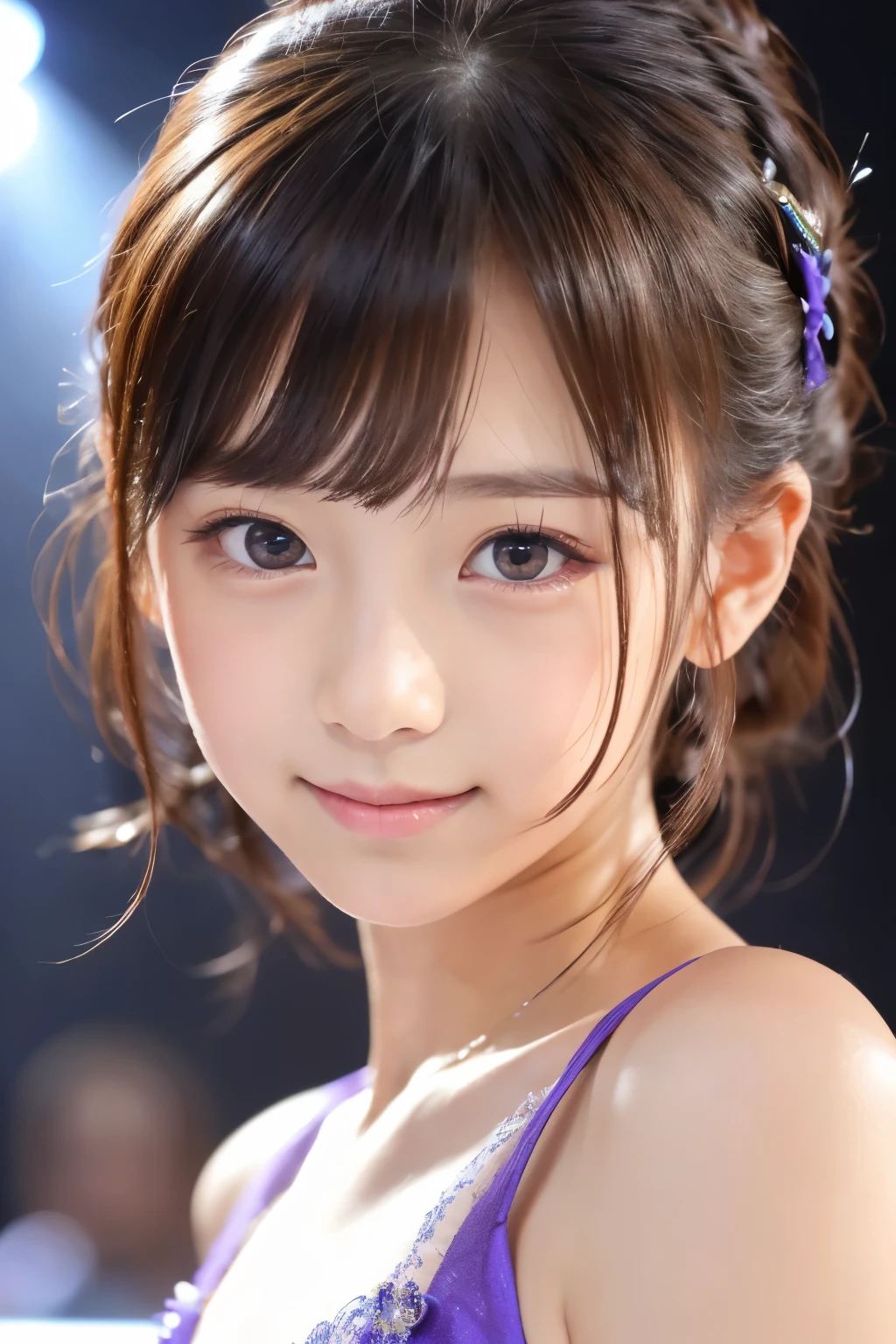 1 girl, (wearing a bright purple idol costume:1.2), Photo Collection of Very Beautiful Japanese Idols,
(RAW photo, top quality), (realistic, Photo Real:1.4), (masterpiece),
is very delicate and beautiful, very well detailed, 2k wallpaper, wonderful, finely, very well detailed CG Unity 8K 壁紙, very detailed, high definition, Soft light,
A beautiful girl with great attention to detail, very well detailed目と顔, beautifully detailed nose, finelyて美しい目, Movie Lighting,
(idle concert:1.4), (Background is the stage:1.3),
Complete Anatomy, slender body, small, smile
