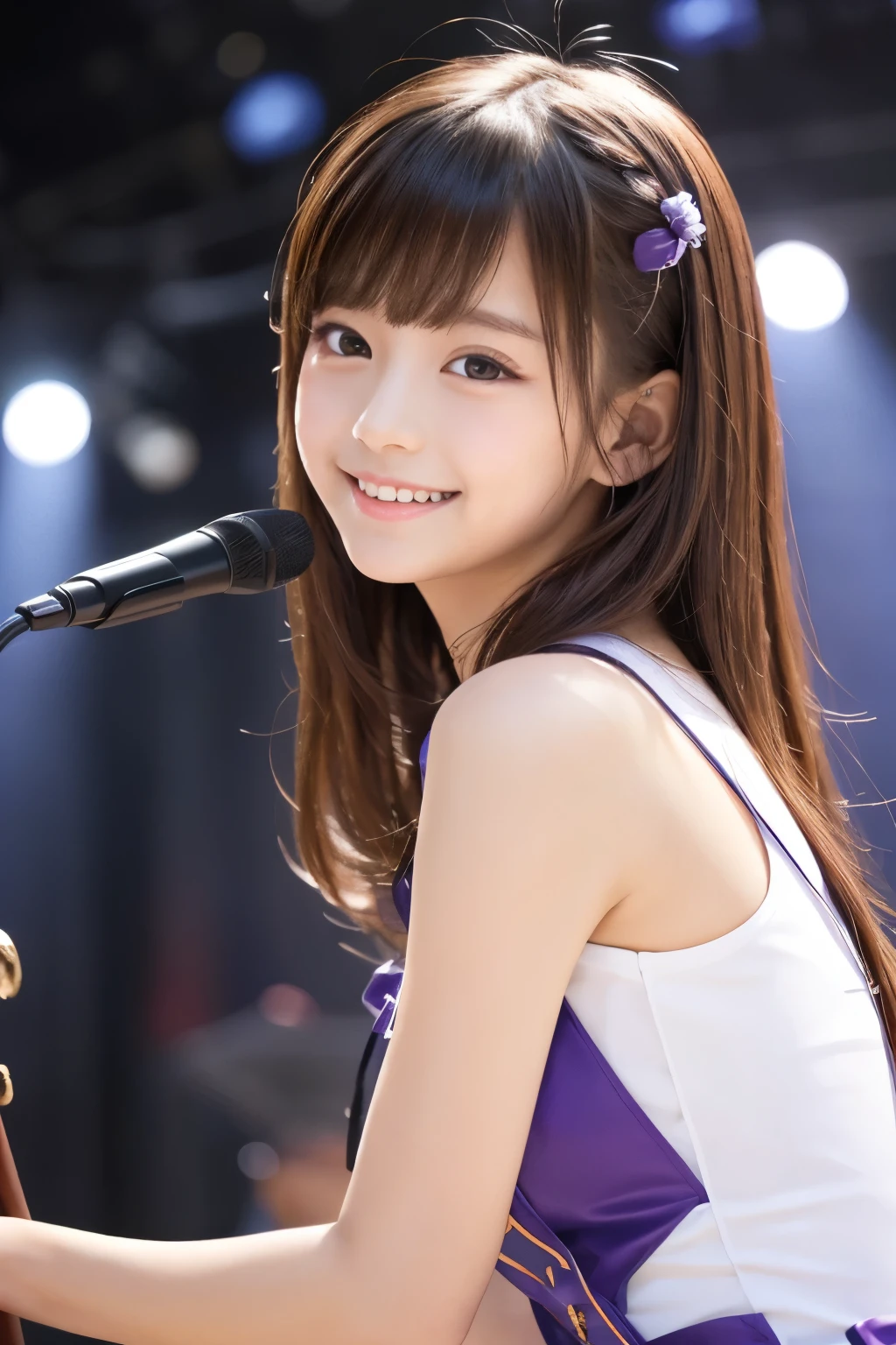 1 girl, (wearing a bright purple idol costume:1.2), Photo Collection of Very Beautiful Japanese Idols,
(RAW photo, top quality), (realistic, Photo Real:1.4), (masterpiece),
is very delicate and beautiful, very well detailed, 2k wallpaper, wonderful, finely, very well detailed CG Unity 8K 壁紙, very detailed, high definition, Soft light,
A beautiful girl with great attention to detail, very well detailed目と顔, beautifully detailed nose, finelyて美しい目, Movie Lighting,
(idle concert:1.4), (Background is the stage:1.3),
Complete Anatomy, slender body, small, smile