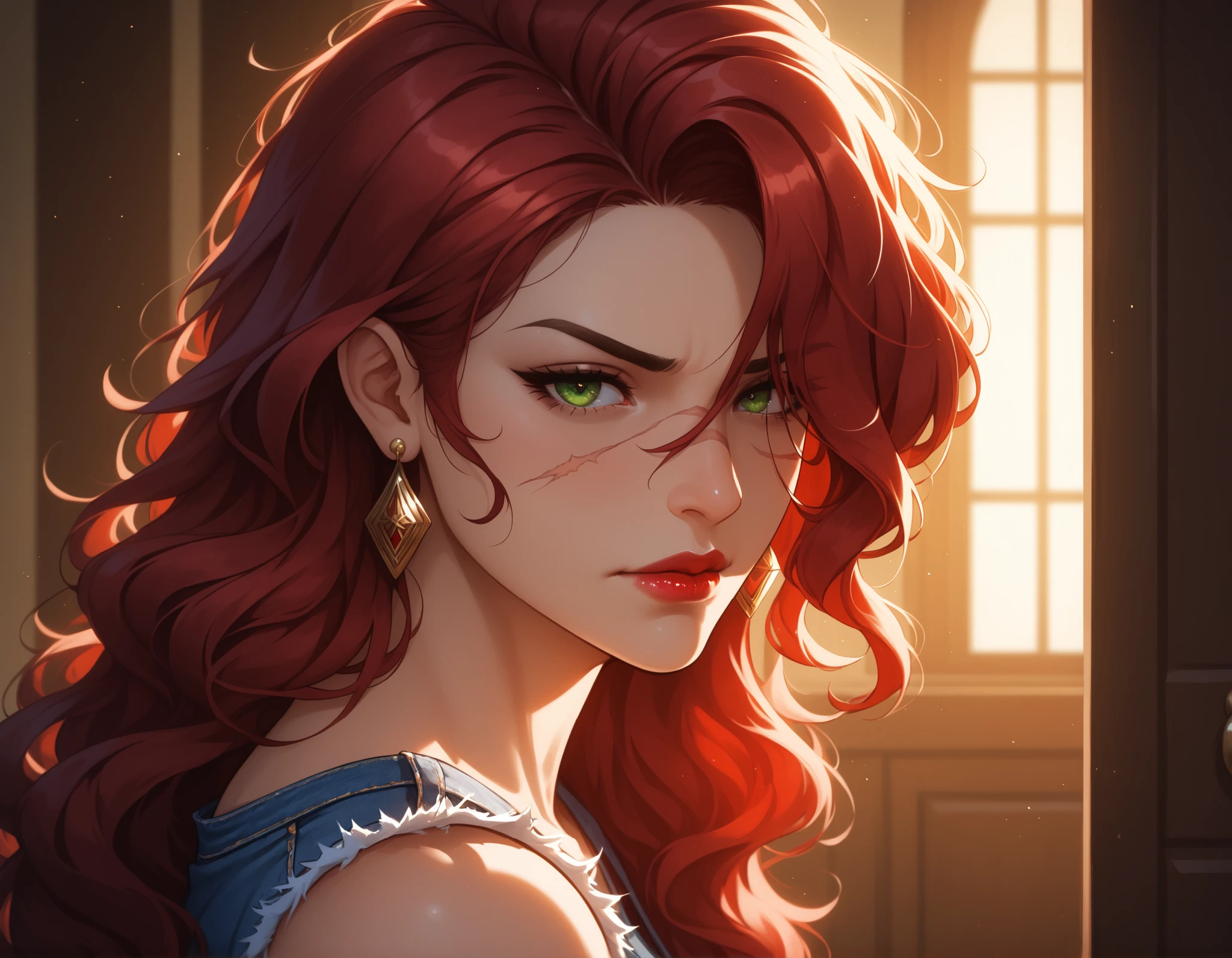 Watercolor, score_9, score_8_up, score_7_up, (Volumetric_lighting: 1.7), (masterpiece), (lora: detailed anime girlsXL), (lora: NoobAI-XL Detailer), (lora: smooth lighting enhancer) (lora: Detailed Background), (lora: NKxXmo's Shaded Face), (lora: SDXL high detailed. LoRA_SDXL_ARW_0010: 0.75), (lora: Waifu Eyes), 1woman, lips, from_side, solo, solo_focus, detailed_face, red_lips, (red_hair:1.3), very_long_hair, wavy_hair, green_eyes, smirking, scars, serious_pose, in_Door, appartment_backgroun, deep_cut_black_top, short_denim_shorts, bare_shoulders, toned_legs, black_nail_polish, red_lipstick, earrings, silver_rings, warm_lighting, (sad_expression:1.2), cinematic_lighting, foreshadowing, blurry_background, cinematic_lighting, darkbackground, 8k, realistic, high_quality, detail_focused, foreshortening, blurry_background, (Diminishing scale perspective:1.3), ((forced_perspective))
