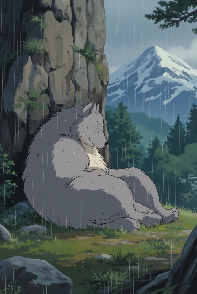 amazing quality, newest, absurdres, realistic lighting, 

no humans, oversized animal, large wolf, white fur, long fur, fluffy, white clouds, teal background, chains, cuffs, looking up, closed eyes, multiple tails, sitting, miniature forest, 