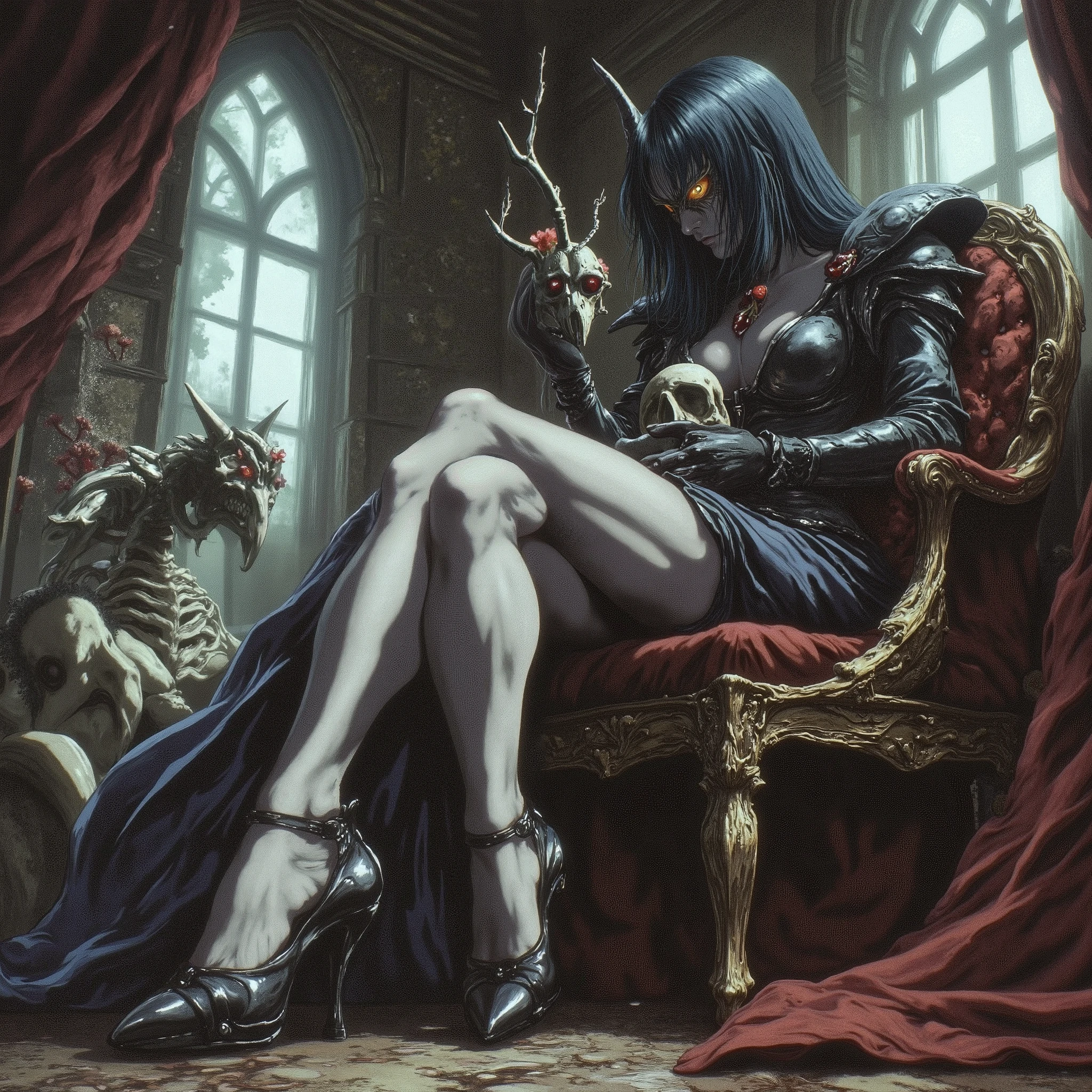A low-angle perspective digital painting of a young woman Woman in profile with a bird mask of the plague doctor on her face wearing a baroque dress in her hands she holds the skull of a deer and mushrooms and flowers are coming out of it, baroque room and a skeleton fox on a bed
 with flowing, black hair that covers one eye, sitting on a chair with her legs crossed. The viewpoint is from below, drawing attention to her black high heels, particularly emphasizing the graceful arch of her foot. She wears a black leather jacket and a short skirt, exuding both elegance and authority. The background consists of a bright room with large windows, where natural light accentuates the softness of her skin and the polished sheen of her shoes. The image blends elements of femininity and strength, with a modern and sophisticated atmosphere.