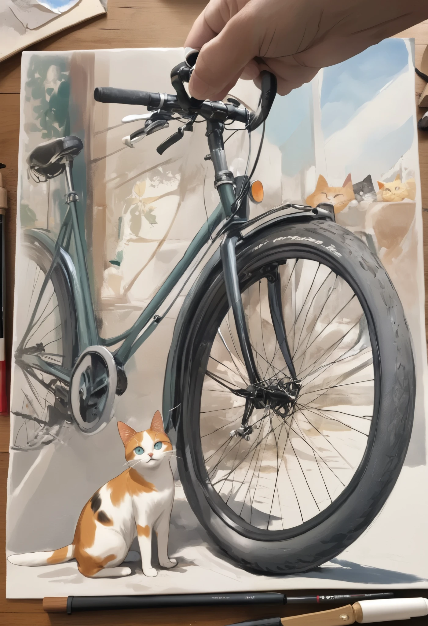 (Ghibli style, absurdres),
(Ultra-high resolution output, like spray art 0.2μmmDelicate particles, acrylic gouache versatile color paint, illustration, Precise sketch like a drawing, Clean line art with clean lines),
BREAK orange cat, One, That cat's occupation is a post office worker,
(soft and delicate ultra-fine coat, High quality soft bristles, Extremely realistic detailed fur, Super realism, Ghibli style),
(A black leather bag was attached to the front basket of the bicycle、Ride a red bicycle、Cats deliver letters, high detailed Ghibli style, extreme high res), Anime Scene, Ghibli style,