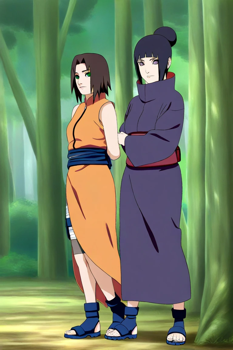 In the style of the anime Naruto, two shinobis women, friends, One with loose short dark hair and green eyes having a shinobi outfit similar to Uchiha, the other with medium-length brown hair in a bun and green eyes with an outfit similar to Senju. They seem on a mission, in the Forest