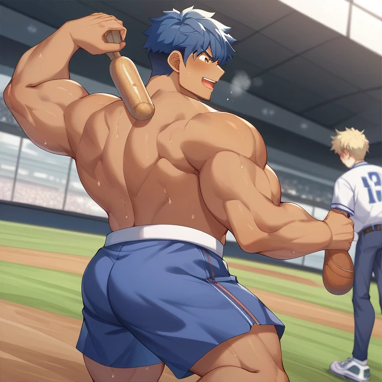 (((best quality, high resolution, masterpiece, best quality))),anime screencap, 1boy, muscular male, sweaty, masterpiece, depth of field, baseballplayer, looking at viewer, laxus_dreyar, yellow hair, chest tattoo, yellow lightning, spark, grin, dynamic pose, large penis, nude, handsome, full body, (((emphasizing the extraordinary size of huge pregnant belly))),