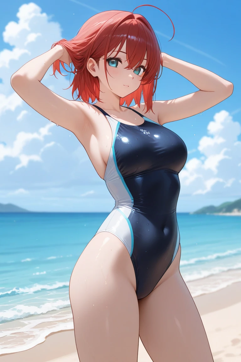 1girl, Pyra, swimsuit, beach, smiling, standing
