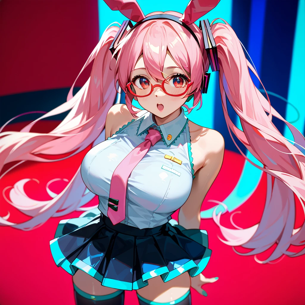 1girl, solo, (masterpiece, best quality:1.4),((best quality)), ((highly detailed)), masterpiece, absurdres, (detailed eyes, deep eyes), bunny girl, pink hair, long hair, bangs, blue eyes, white pupils, smiling, big breasts, deep cleavage, rabbit ears, fake animal ears, headset, headphone's, ear piece, rabbit tail, dark blue leotard, detached collar, pink bow, bare shoulders, black pantyhose, wrist cuffs, excited expression, smiling, teeth, front of the computer doing a Twitch livestream, the girl is a Twitch streamer, Twitch streamer/gamer, highly detailed background, (Background: Indoors, in a room with a desk, chair, microphone, mouse, keyboard, There are multiple computer monitors), sitting on a chair, depth of field