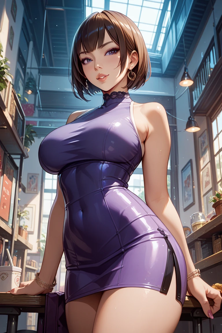 Beautiful woman in purple dress sitting on black bench (((Large Breasts、Low-cut,Cleavage, Wide hips,)))(Long legs)