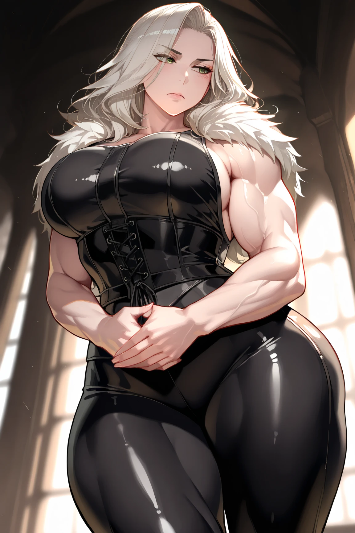 (best quality,4k,8k,highres,masterpiece:1.2),ultra-detailed, ,portrait, nun, musclegirl, smiling, long hair, white boots, pants, cloak, standing, catedral in the background, vest, full body view, thick thighs, thick arms, wide hips, large breasts, huge breasts, vivid colors, sharp focus, physically-based rendering