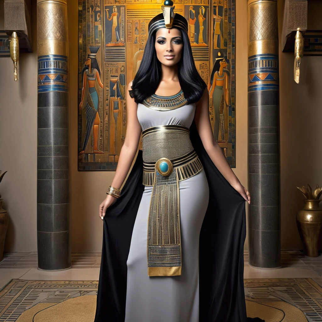 A graceful fertility goddess, the Queen of Egypt, a mature woman, Nefertiti, with a perfect body, full breasts, round buttocks, wide hips in a black Setheian dress, violet lips, long straight black hair adorned with Egyptian jewelry, praying to the serpent god in an ancient Egyptian temple