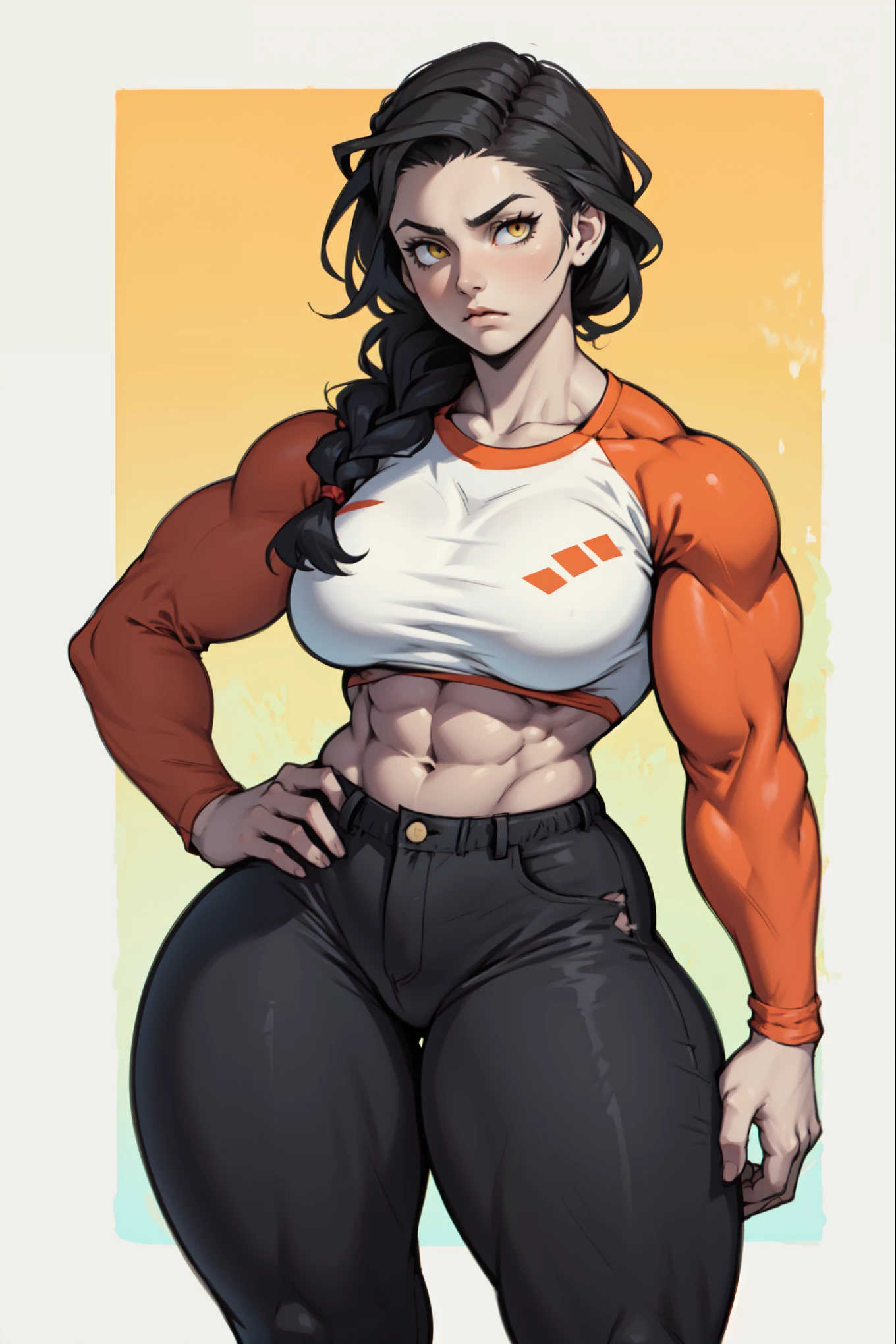 (Score_9, score_8_up, score_7_up, score_6_up), (adult, seductive face, seductive expression), futanari, Adult woman, hip tilt, hand on hip, brown skin, scars on arms, long brown hair, brown eyes, crop top, suspenders, white sweatpants, fingerless gloves, abs, muscular arms, anime style, mature, full lips, confident, Nyantcha Style, source_anime, rating_explicit
