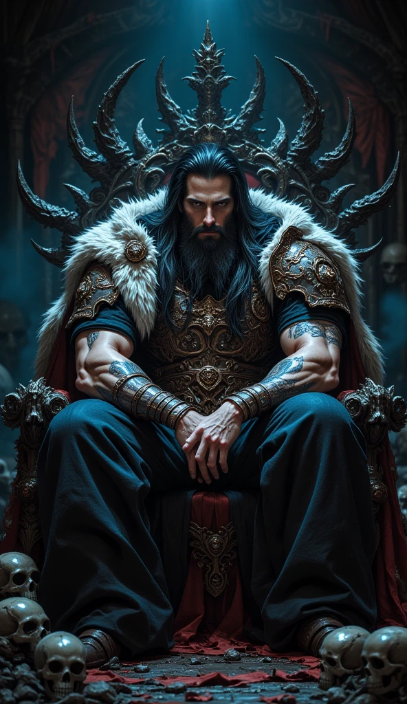 dark fantasy, male, Northerner, with long black hair, strong build, furs on shoulders, naked torso, throne room, face looks like Dwayne Johnson