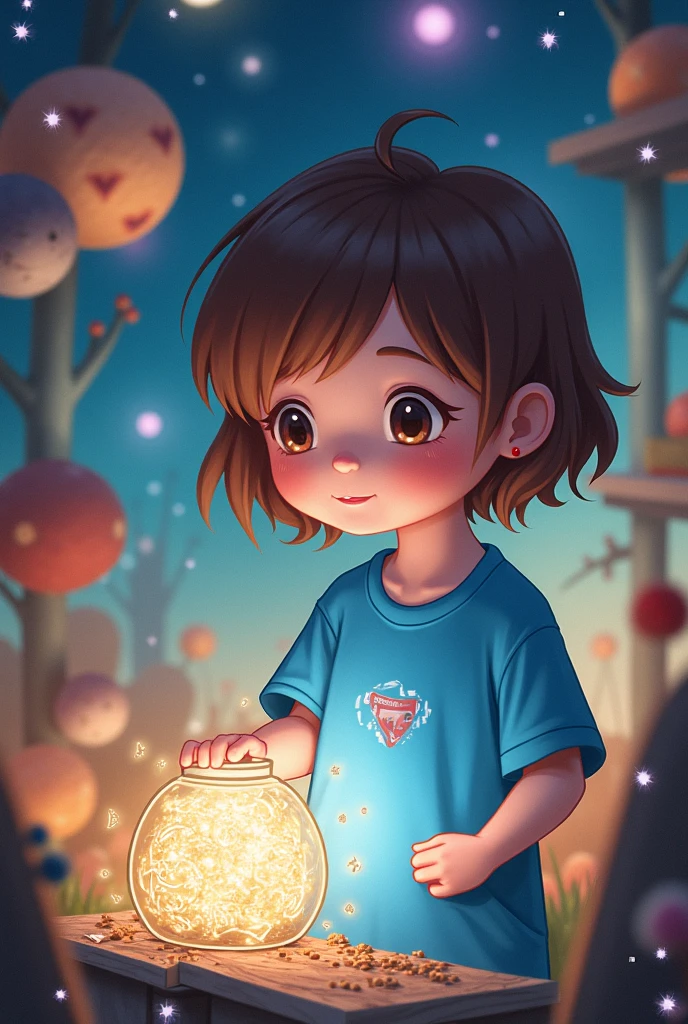 A town young big girl with specs and tied hair in a ponytail wearing white tshirt and blue mini skirt. She noticed a crystal in a jar in her room