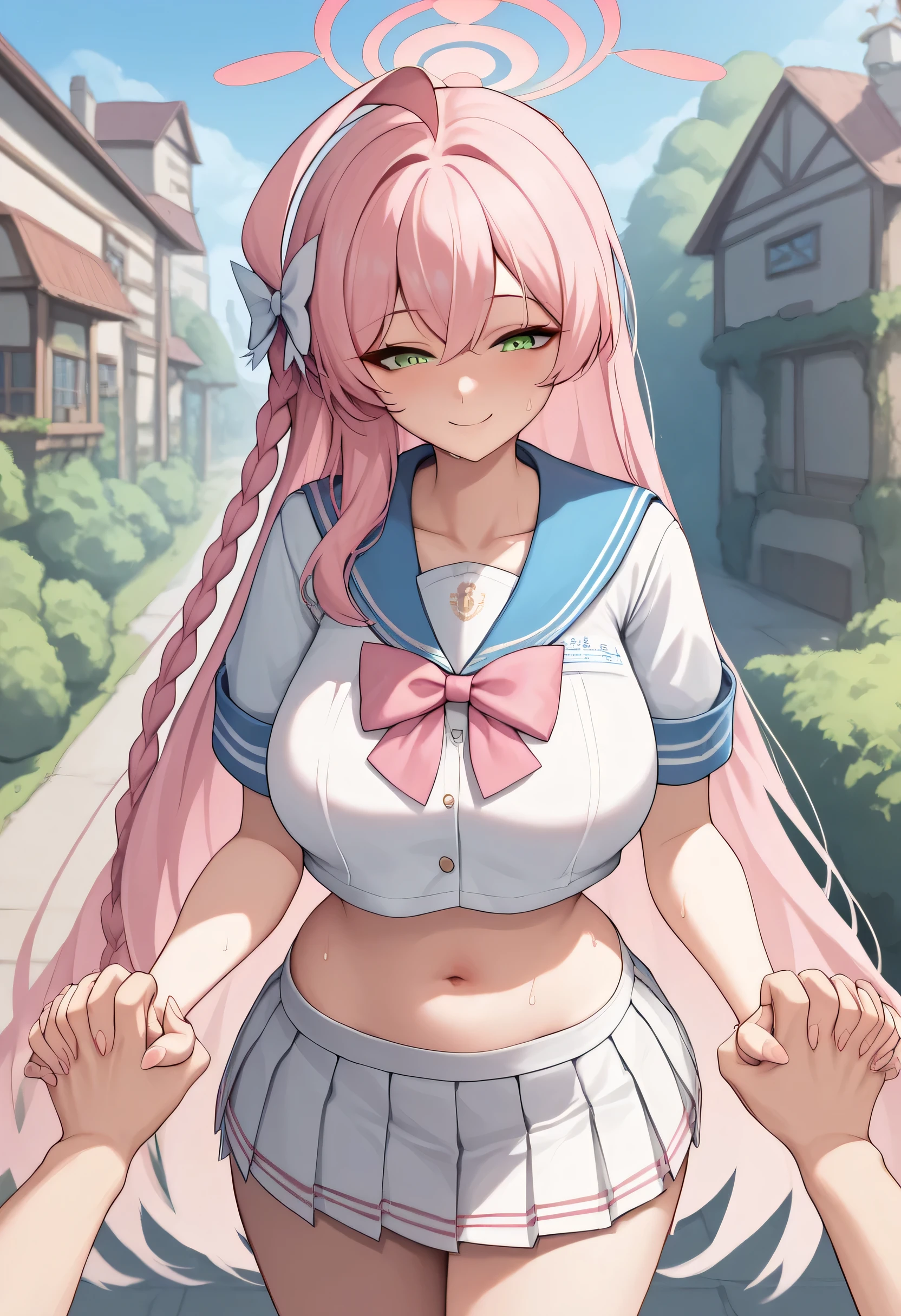 1boy, 1girl, 1other, ahoge, blue sailor collar, bow, bowtie, braid, breasts, green eyes, closed mouth, collarbone, facing viewer, fingernails, hair between eyes, hair bow, halo, hanako \(blue archive\), holding hand, interlocked fingers, large breasts, long hair, multicolored hair, navel, outdoors, pink bow, pink bowtie, pink hair, pink halo, pleated skirt, pov, pov hand, sailor collar, school uniform, serafuku, shirt, short sleeves, single braid, skirt, smile, sweat, very long hair, white bow, white serafuku, white shirt, white skirt, cowboy shot, very short skirt, temptress, slutty, hand on back, tree, bushes, town, a lot of vegetation, ((wide hips)), light skinned male