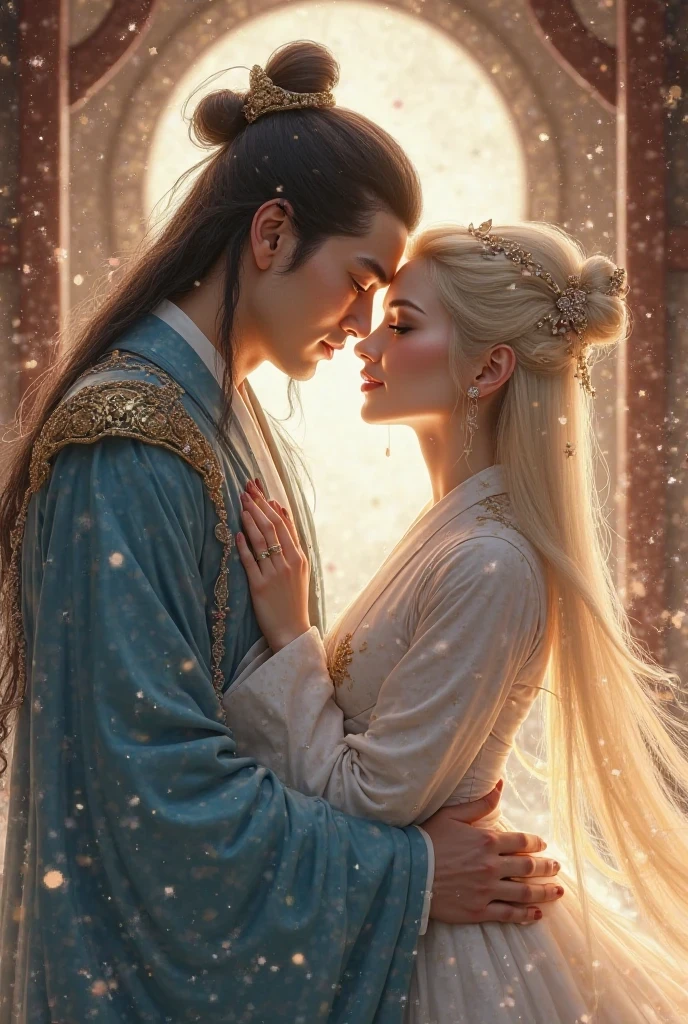 Medieval romantic setting. Beautiful woman with pink long hair and hazel eyes clad in a white wedding dress with golden dragon pattern embroidery. The man is handsome and tall with a sasuke uchiha hairstyle and dark eyes clad in regal white and golden dragon pattern embroidery.