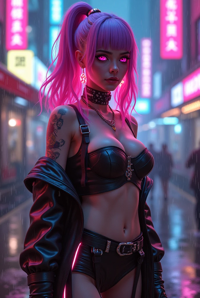 In the vibrant world of cyberpunk, a rebellious punk girl named Ria roams the neon-lit streets. With a mischievous grin, her piercing blue eyes are hidden behind a pair of sleek, sexy brand earphones. Her exposing top and panties, adorned with intricate designs, revealing her defiant spirit. A leather collar encircles her neck, and fishnet stockings cover her thigh-high boots, contrasting against the best quality, rich black leather. She clutches her earrings between her teeth as she runs, leaving an aura of rebellion and excitement in her wake. (Watercolor: 1.1)