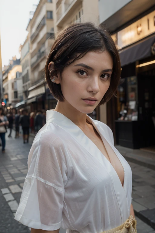 (calidad superior, 16k, obra maestra: 1.3)), 1 chica, sharp focus: 1.2, Mujeres hermosas con figura perfecta: 1.4, Abdominales delgados: 1.2, (((pelo corto)), ((little: 1.4)), ((Beautiful face idol: 1.3)), (Transparent Fabric Kimono 1.5)), Textura de cara y piel muy detallada., ojos detallados, double eyelids, (((Pausa)), (seductor)), caminando, Paris cityscape, low angle, disparo desde abajo