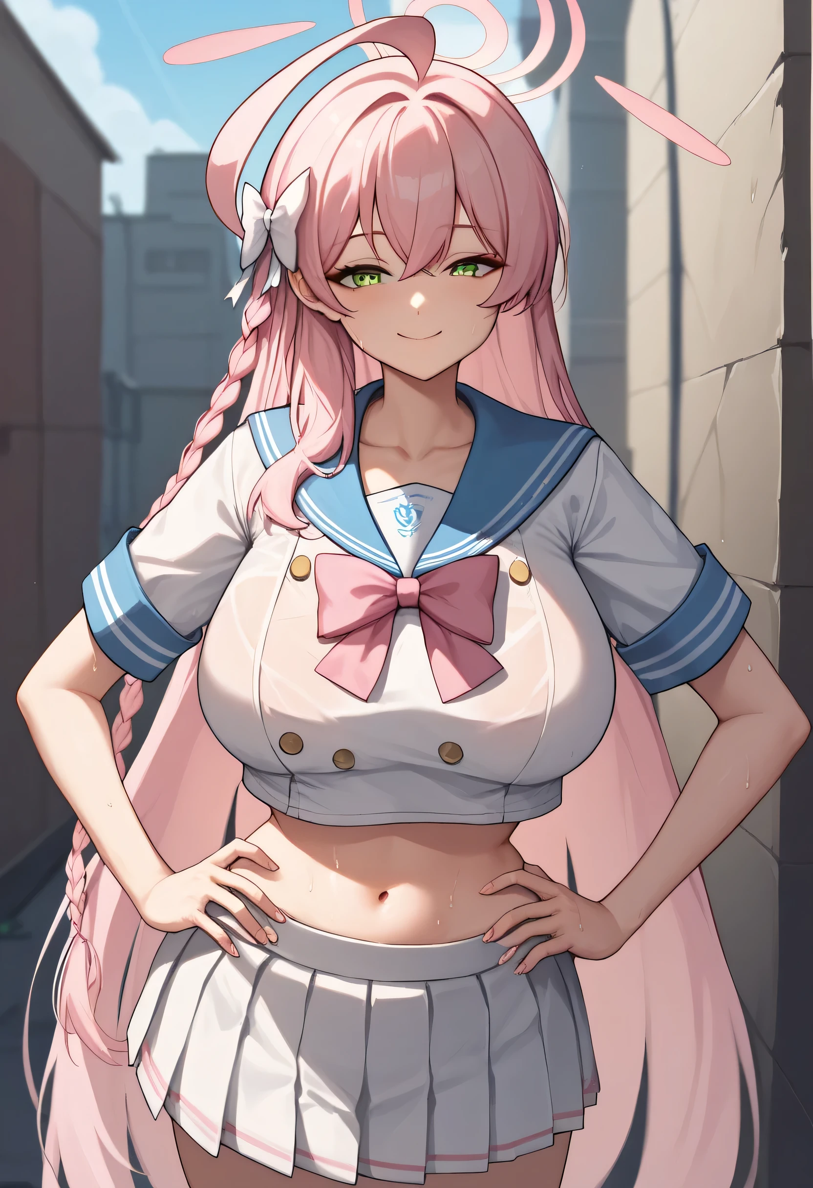 1girl , ahoge, blue sailor collar, bow, bowtie, braid, breasts, green eyes, closed mouth, collarbone, facing viewer, fingernails, hair between eyes, hair bow, halo, hanako \(blue archive\), hands on hips , large breasts, long hair, multicolored hair, navel, outdoors, pink bow, pink bowtie, pink hair, pink halo, pleated skirt , sailor collar, school uniform, serafuku, shirt, short sleeves, single braid, skirt, smile, sweat, very long hair, white bow, white serafuku, white shirt, white skirt, cowboy shot, very short skirt, temptress, slutty, alley , night