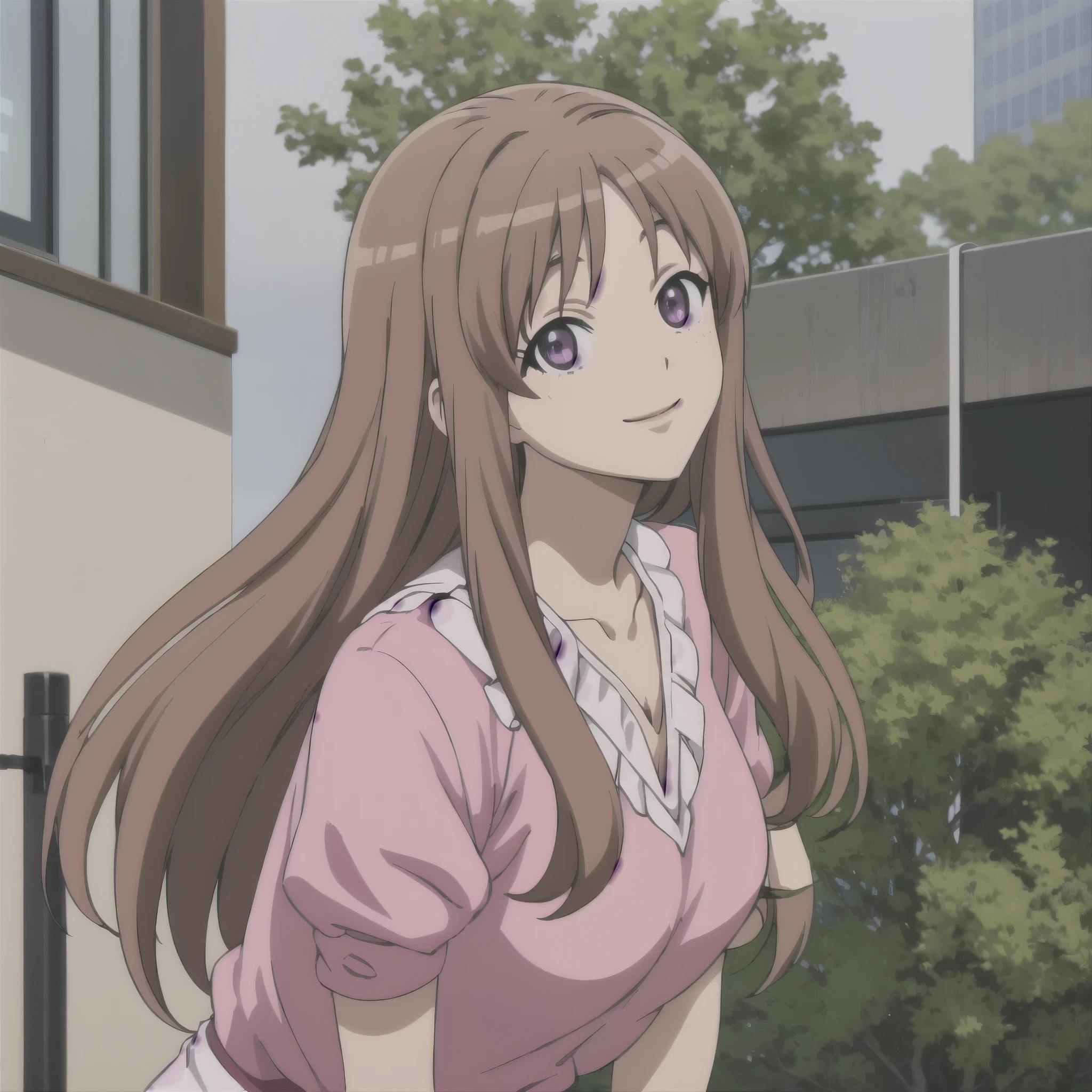 (is the best quality), (masterpiece), Iman _Fuwa, brown hair, purple eyes, pink shirt , yawyorozu momo {x} in the open air, office building , looks at the viewer, smiling , upper body,