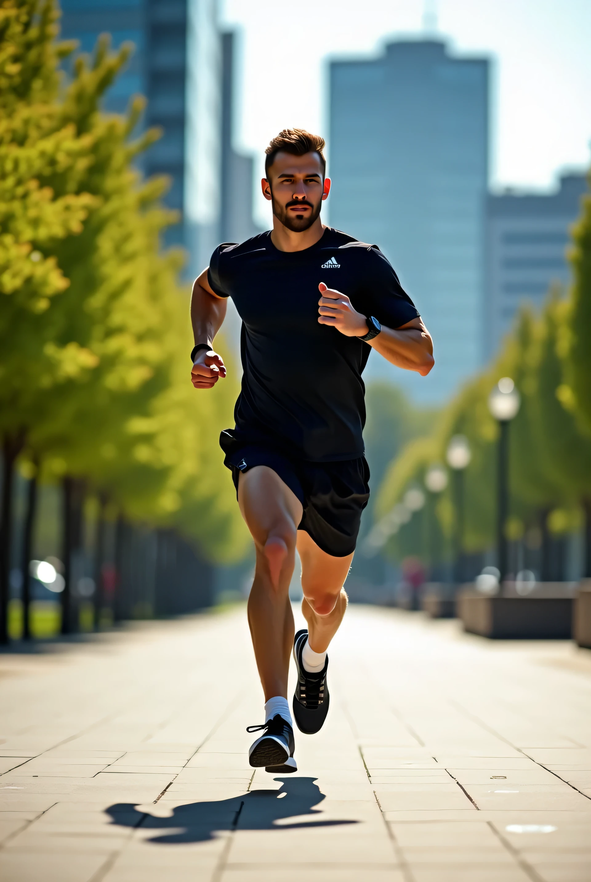 Sure! Here's a prompt for you:
"A man is running quickly through an urban park, wearing sleek Adidas running shoes. His muscles are visibly toned as he sprints with focus and determination. The bright sunlight casts long shadows on the pavement, and his shoes grip the ground with every stride, showcasing their advanced design. The motion blurs slightly as he pushes forward, leaving the surrounding landscape a blur of green trees and modern buildings in the background."
Would you like to use this for an image generation or something else?
