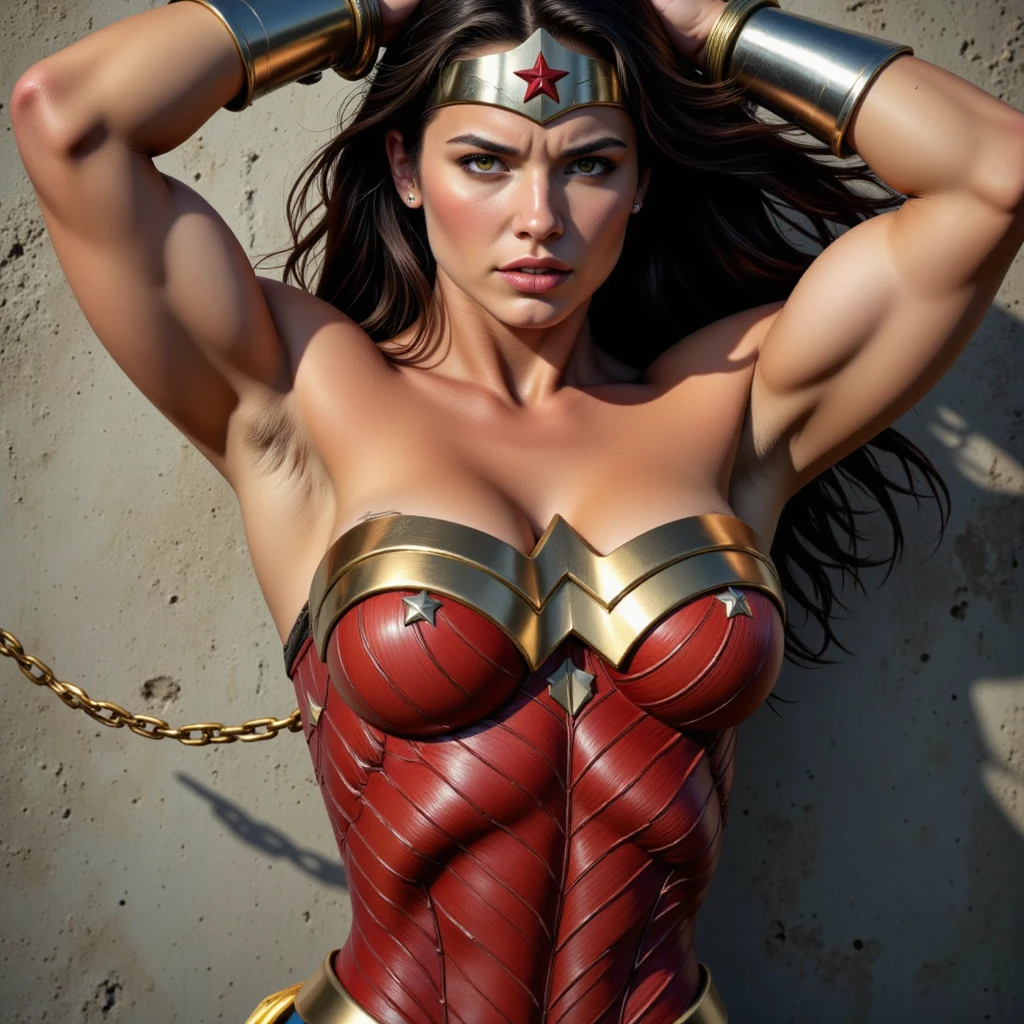 1girl, beautiful girl, wonder woman, wonder woman red corset, rise eyebrows, slender (((shackles)), ((shackles and arms down, chain leads, wrists tied)), bondage, chains wrapped tightly on arms, slavery, restraint, (basemend wall backgroun, dirty, dark, creepy), best quality, masterpiece, both arms up, comic style, angry, hanging, fondled by men, muscle armpit, struggling, unable to break free, wide shot, hair tucked behind head, small breast, small chest, glaring eyes