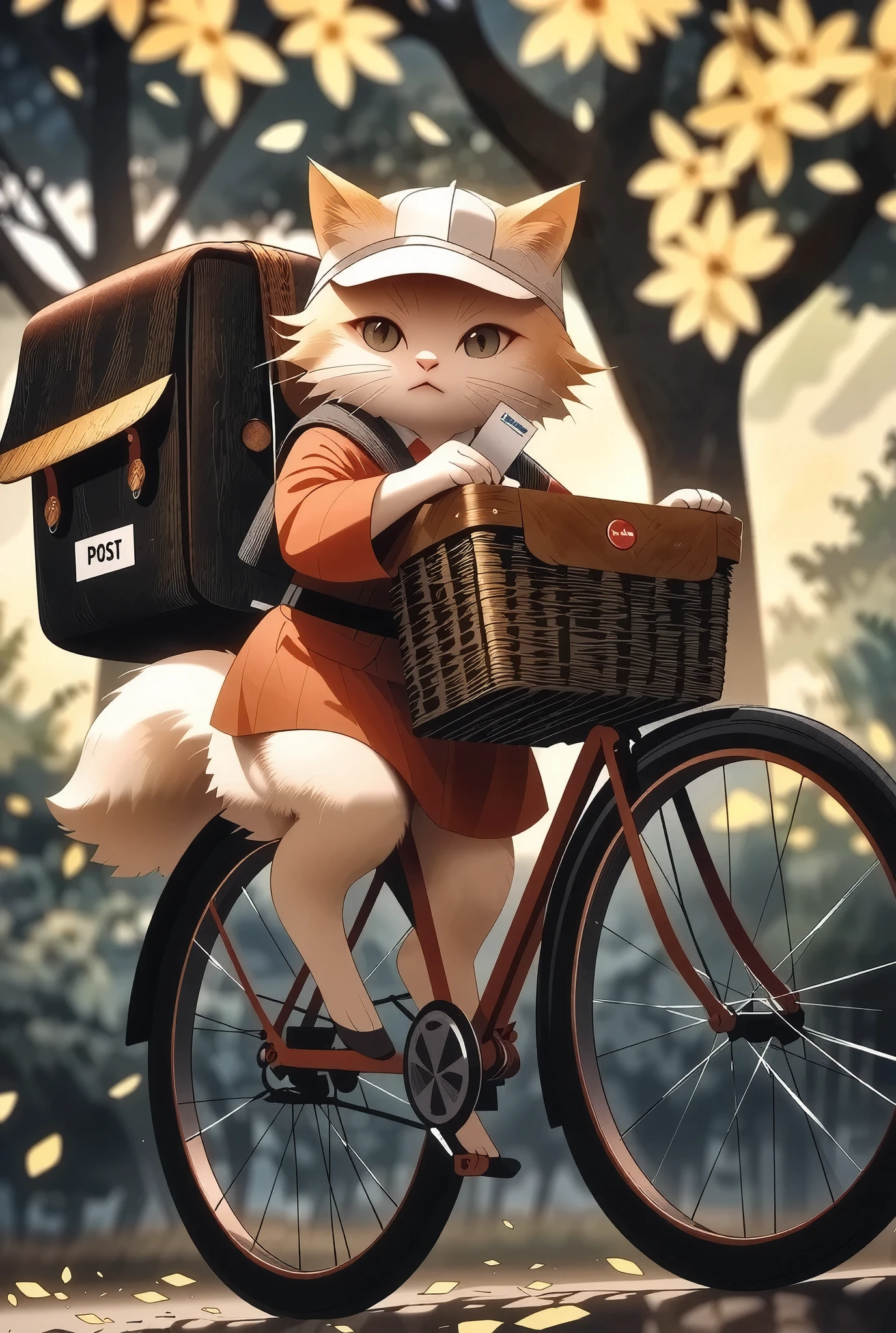 (Japan's Finest Animation, Ghibli style), (Ultra-high resolution output, like spray art 0.2μmmDelicate particles, acrylic gouache versatile color paint, illustration, Precise sketch like a drawing, Clean line art with clean lines),
orange cat, One, That cat's occupation is a post office worker, (soft and delicate ultra-fine coat, High quality soft bristles, Extremely realistic detailed fur, Super realism, Ghibli style),
(A black leather bag was attached to the front basket of the bicycle、Ride a red bicycle、I will deliver the letter, high detailed Ghibli style, extreme high res),
Anime Scene, Ghibli style