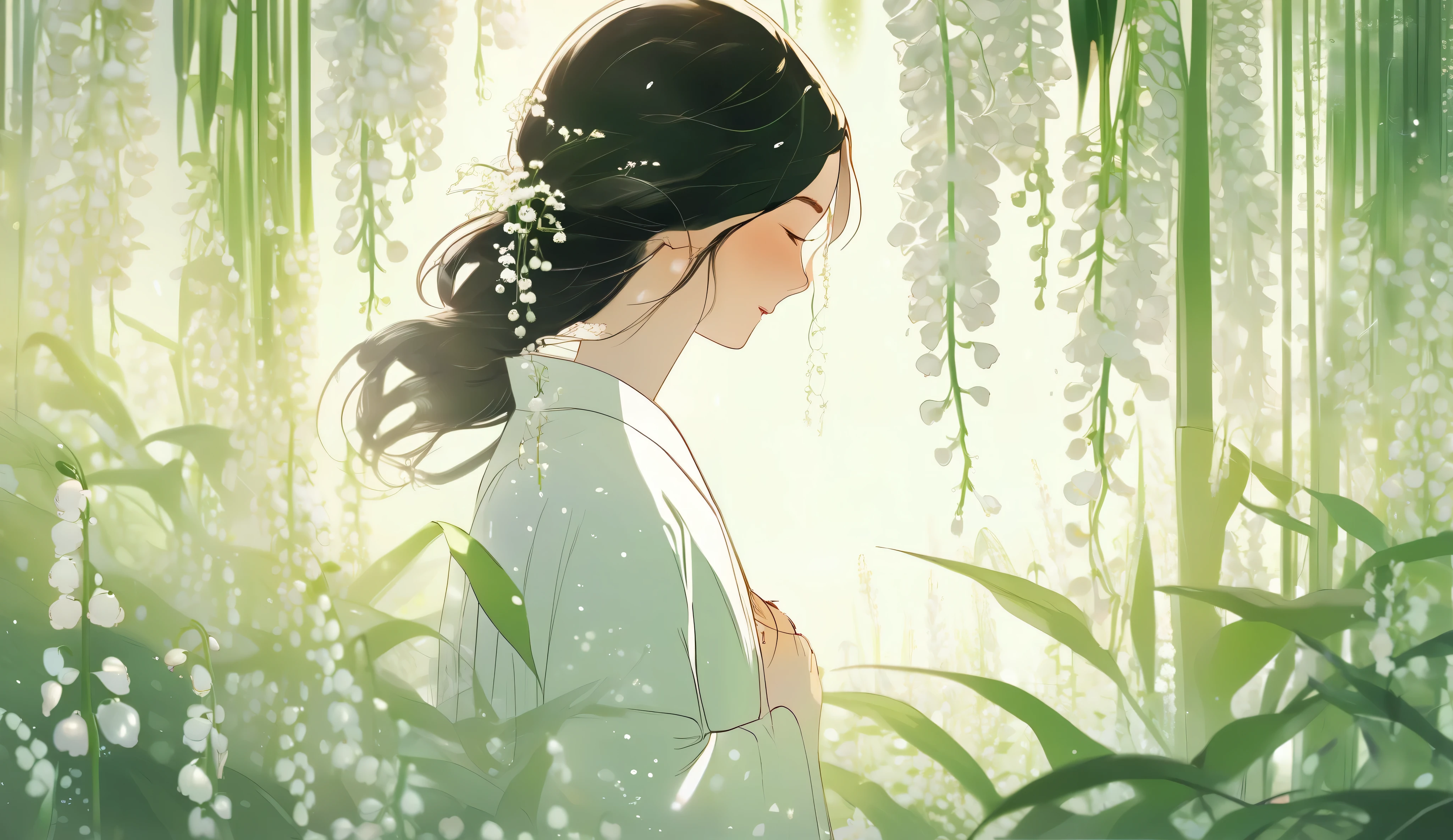 loish and pascal campion art, an ethereal scene of lily of the valley blooming soft white bell-flowers gently drooping like tiny tranlucent porcelain chimes, their fragrance lingering in the silver air. A quiet breeze stirs the leaves, dew glistening like pearls on green stems, while warm morning light filters through a veil of haze, creating halos of glow around each flower. A young woman in a flowing cream kimono stands nearby, eyes closed, as if listening to the chime of unseen spirits. The scene radiates sweetness and grace, with the stillness of a dream just before waking. Subject: lily of the valley in a soft morning glade 8k resolution, delicate light diffusion, pale mint and ivory palette, gentle movement, glowing vignette, traditional Japanese sensibility, surreal ambiance, ephemeral mood, trending on ArtStation, dreamlike stillness, floral symbolism, subtle highlights