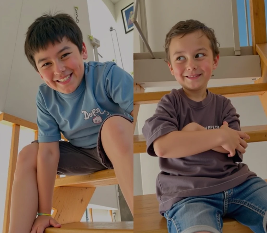 2 age boy are laughing in confused and seard in creepy looking room
