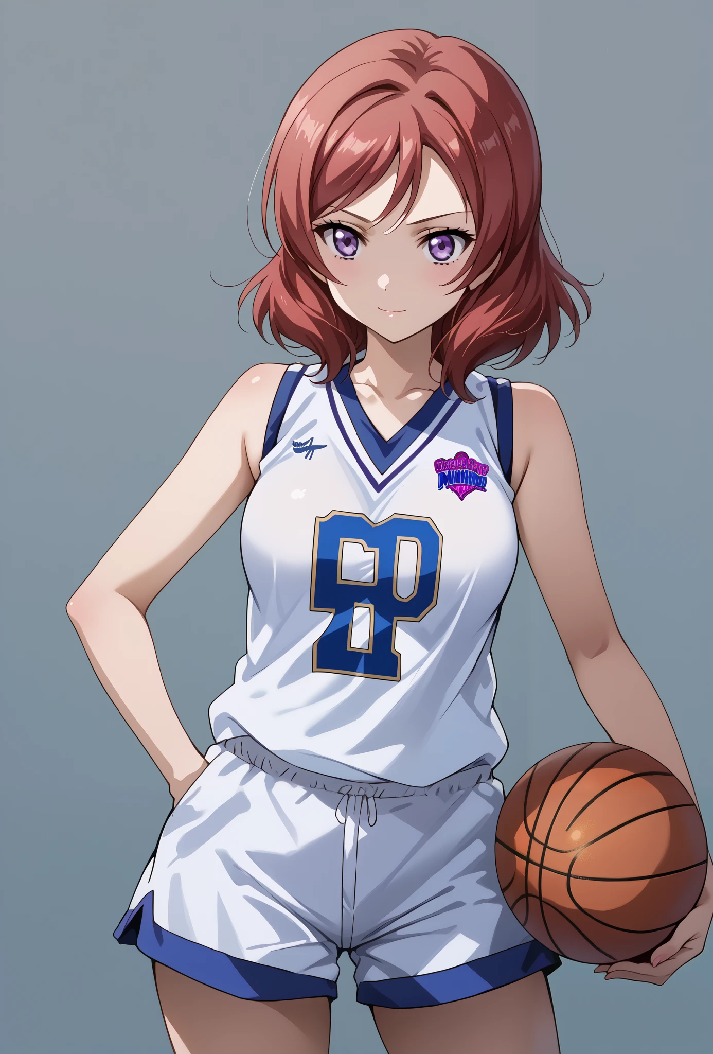 score_9, score_8_up, score_7_up, source_anime, 4K,perfect fingers,(perfect hands, perfect anatomy),prefect lighting, very aesthetic, intricate details,highly detailed background, masterpiece, high quality, best quality,
1girls,makinishikino, maki nishikino, short hair, purple eyes, red hair,((large breast)),
wearing ((basketball uniform, basketball jersery, sportswear, jersey, shorts, sleeveless, )) ,,
Standing, A sagging breast, ((White plain background:1.5)) , looking at the spectator,