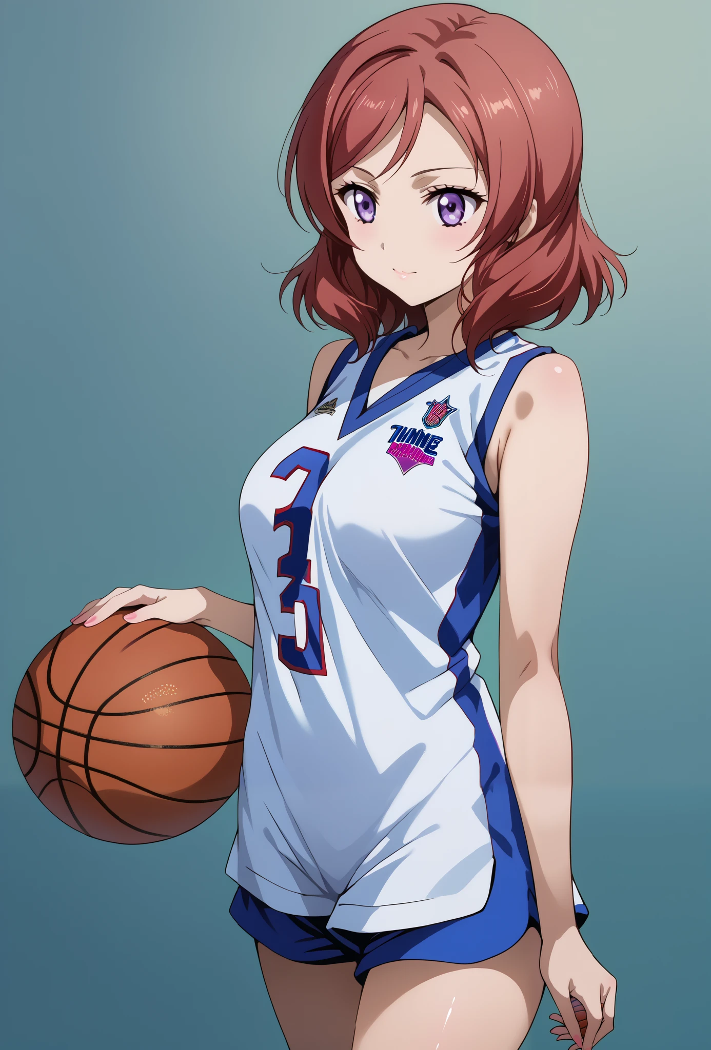 score_9, score_8_up, score_7_up, source_anime, 4K,perfect fingers,(perfect hands, perfect anatomy),prefect lighting, very aesthetic, intricate details,highly detailed background, masterpiece, high quality, best quality, 
1girls,makinishikino, maki nishikino, short hair, purple eyes, red hair,((large breast)),
wearing ((basketball uniform, basketball jersery, sportswear, jersey, shorts, sleeveless, )) ,,
Standing, A sagging breast,  ((White plain background:1.5)) , looking at the spectator, 