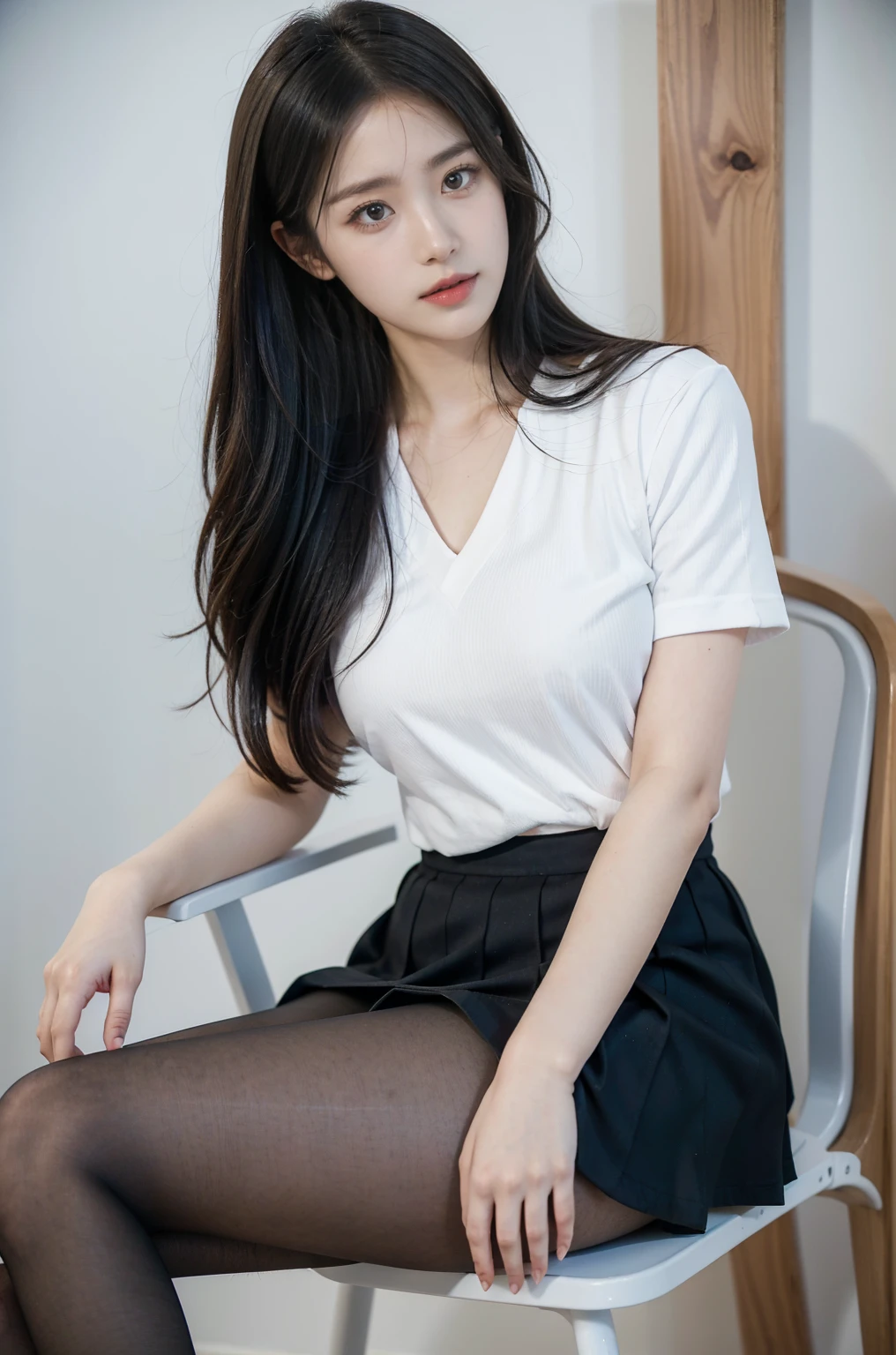 The face is :9,1714884241], Serapuk girl holding skirt in hand, Sailor outfit、Raw foto、Wearing black pantyhose、wearing little white panties、Upskirt, 초a realistic schoolgirl, a realistic schoolgirl, Beautiful girl sitting on a chair, 초a realistic schoolgirl, Fine details. Crotch Pants Show, Ecchi style, Ecchi, Thighs thighs Thighs!!!