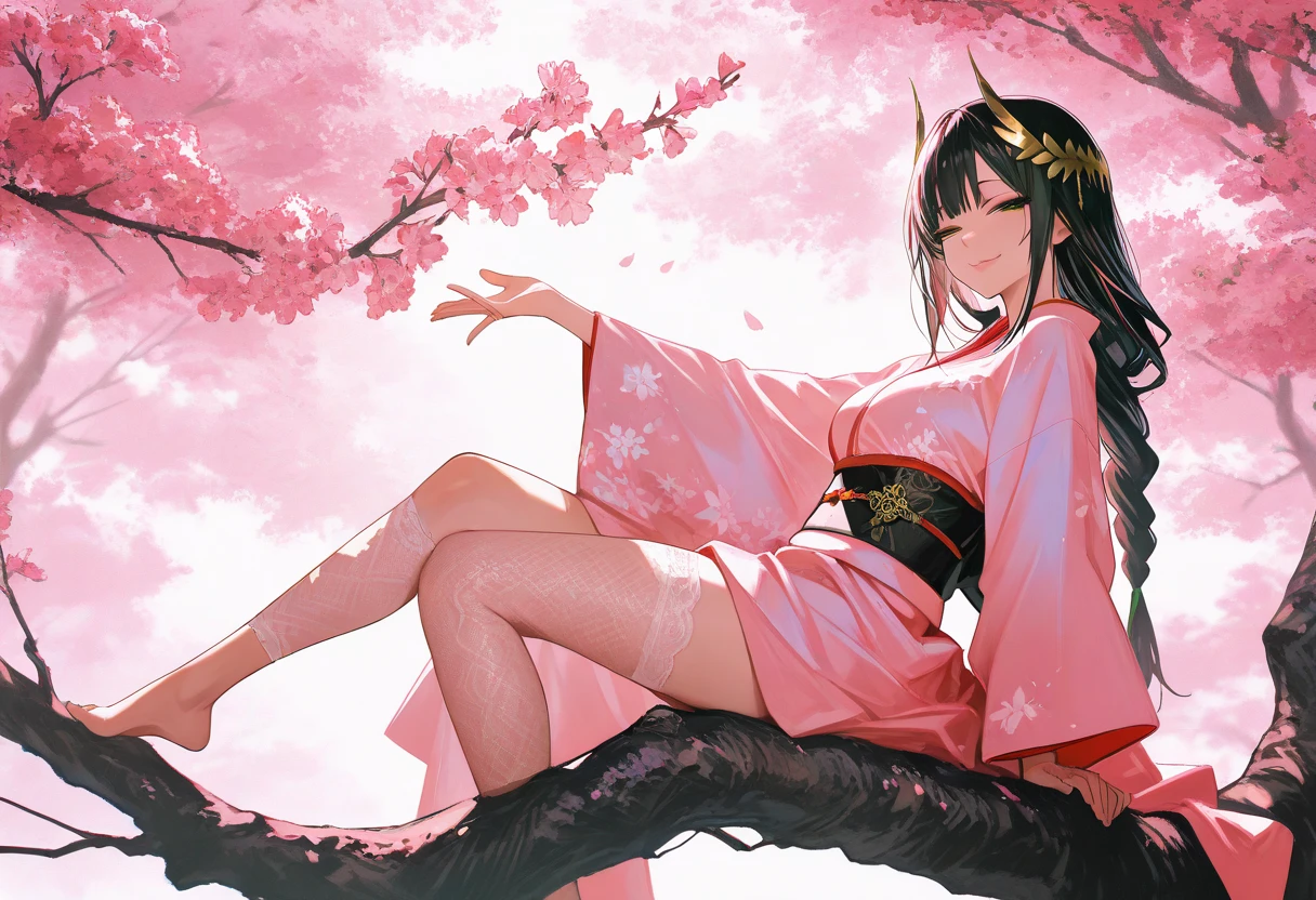 Masterpiece, source_hentai, top quality, amazing quality, very aesthetic, high resolution, super detailed, lighting, colorful, absurd, latest, score_9, score_8_up, score_7_up, 
Masterpiece, top quality, very detailed, high resolution, 
One adult female, solo, beautiful face and eye detail, long black hair braided and bunched back, green eyes, half closed eyes, red eyeliner, long eyelashes, moist lips,
(side angle), 748cm style, 1girl, Japanese goddess, on large cherry tree, sitting on thick branch, (white and light pink gradient), woman in dark pink kimono, barefoot, gold hairpiece, lace tights, looking at the viewer, faint smile,、
Excellent quality, light sun, shadows, 
Superb, Masterpiece, Top Quality, Film Grain, Ultra-Detailed, Taking Videography, Random Pose, , Adult Content, Explicit, Climax Face, Orgasmic Face, Expressive, Concept Art, Fantasy Themes, 