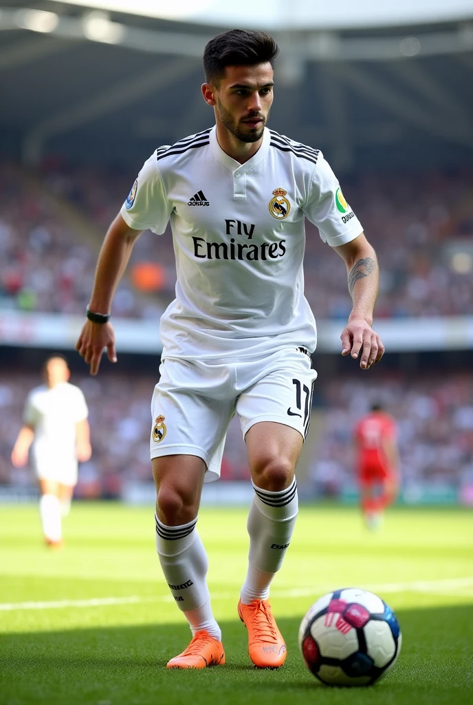 Photorealistic, 64K, A realistic christiano ronaldo [wearing real madrid soccer jersey number 7 ], standing up celebrating his goal