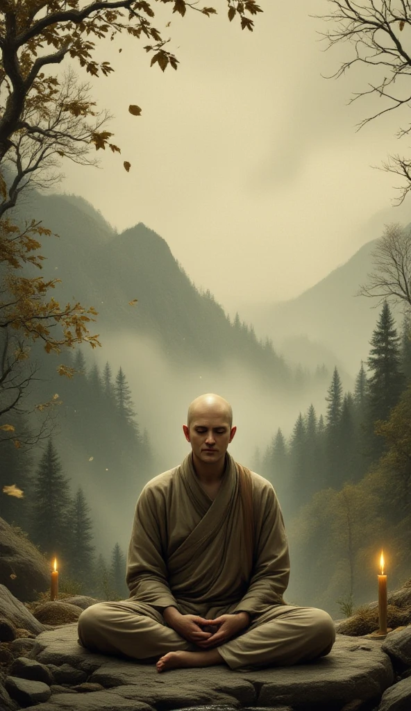 rainy days, a monk is meditating, cloudy_sky, cinematic lighting, dark skin, (detailed background), Jeremy Mann, global illumination