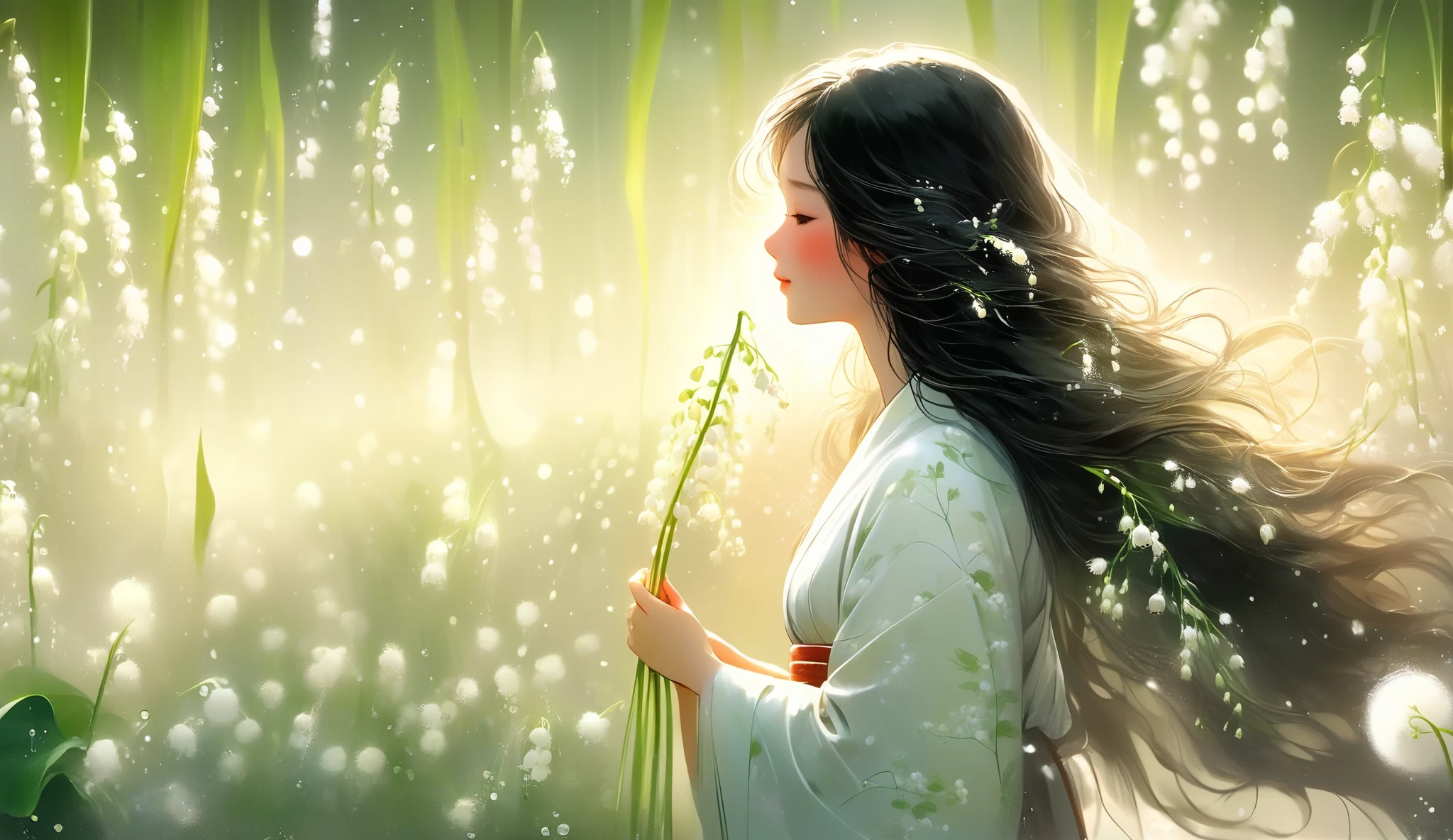 loish and pascal campion art, an ethereal scene of lily of the valley blooming soft white bell-flowers gently drooping like tiny tranlucent porcelain chimes, their fragrance lingering in the silver air. A quiet breeze stirs the leaves, dew glistening like pearls on green stems, while warm morning light filters through a veil of haze, creating halos of glow around each flower. A young woman in a flowing cream kimono stands nearby, eyes closed, as if listening to the chime of unseen spirits. The scene radiates sweetness and grace, with the stillness of a dream just before waking. Subject: lily of the valley in a soft morning glade 8k resolution, delicate light diffusion, pale mint and ivory palette, gentle movement, glowing vignette, traditional Japanese sensibility, surreal ambiance, ephemeral mood, trending on ArtStation, dreamlike stillness, floral symbolism, subtle highlights