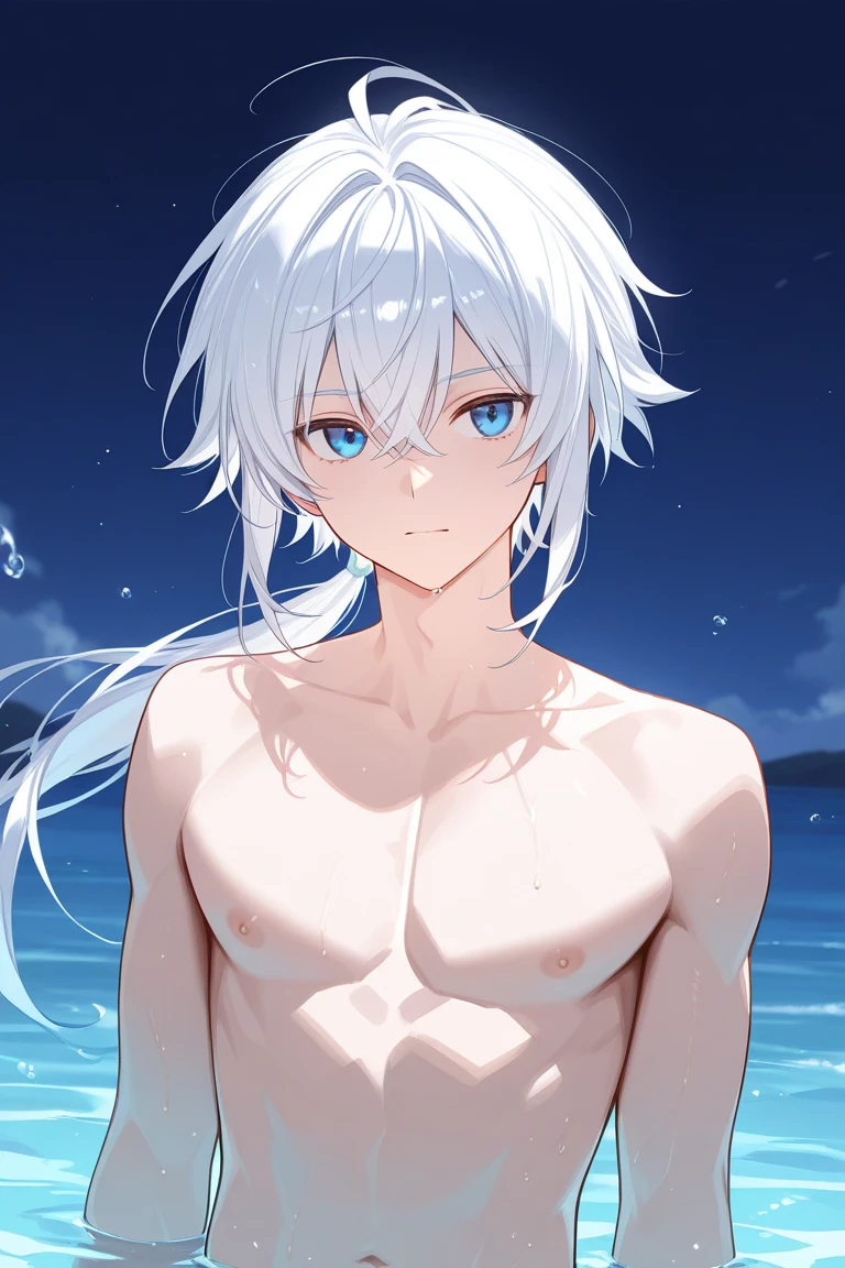 1boy,11 only、(Man's :2) ,Handsome boy,Silvery long-haired、 Upper body naked、starrysky 、sand beach、hightquality、masutepiece,8K,