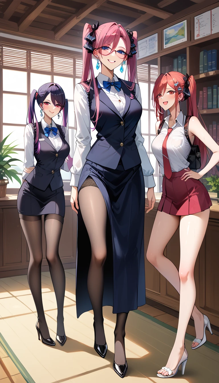 multiple girls, 3girls, standing, giantess art, highly detailed giantess shots, giantess, most detailed, perfect face, Two legs, Five fingers, short hair, A beautiful girl who is bigger than a skyscraper, Wearing rimless glasses, smile, huge breasts, magical girl dress, bow, magical girl, holding a magical wand, black pantyhose, stiletto heels, thunderbolt from a magical wand, seaside metropolis, numerous miniature warships on the sea, Destroying cities, Under heavy attack, A very small big city, Miniature metropolis, Full body description, GTS, giga giantess, gigagts, stomping city, crash city, tiny city, micro city, pantyhose feet, High resolution, highest quality, masterpiece, 
