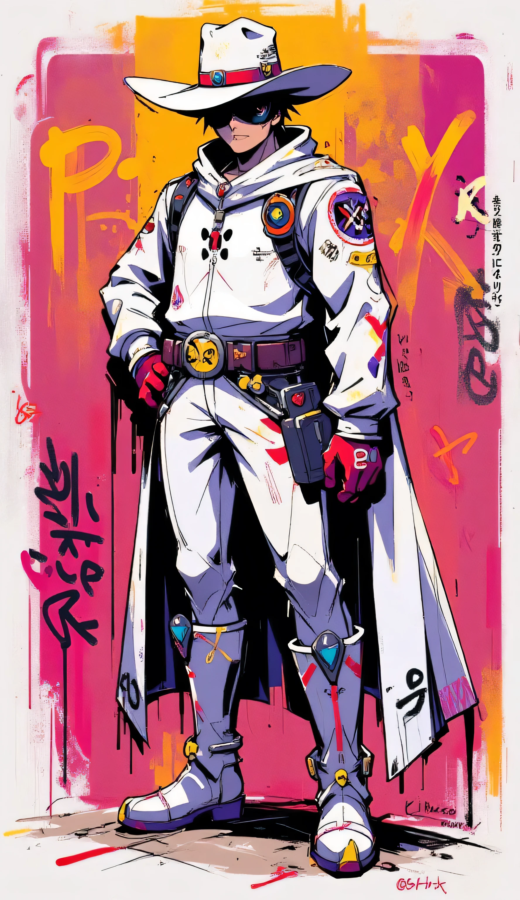 Tall guy in a white cowboy suit, standing with a confident pose. A wide-brimmed hat , long cloak, spur boots. Background — bright street graffiti with neon shades. Image style — street art, with rude strokes, with spray stains and contrasting colors.