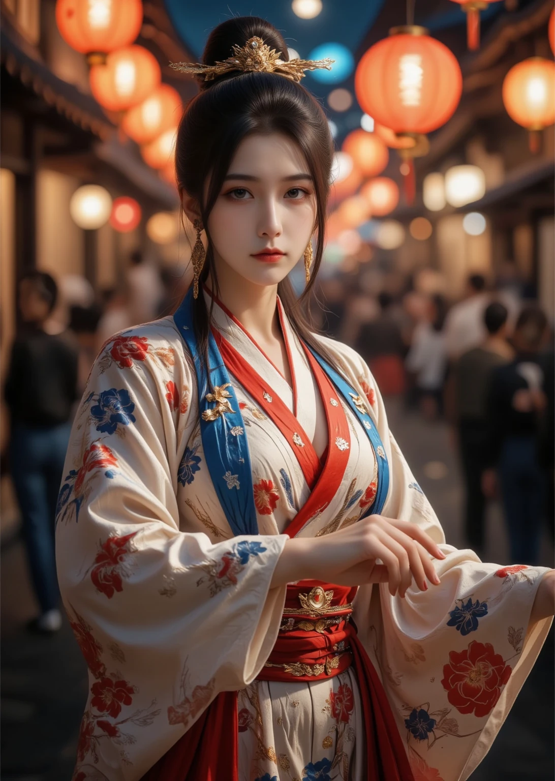 Holding a closed fan in her right hand、Wooden building corridor、Navy blue shiny dress、Beautiful 30 year old woman、Red big nose hair accessory、Red undergarment、A kimono with a flashy floral pattern、The belt is black and shiny、There is early summer greenery、