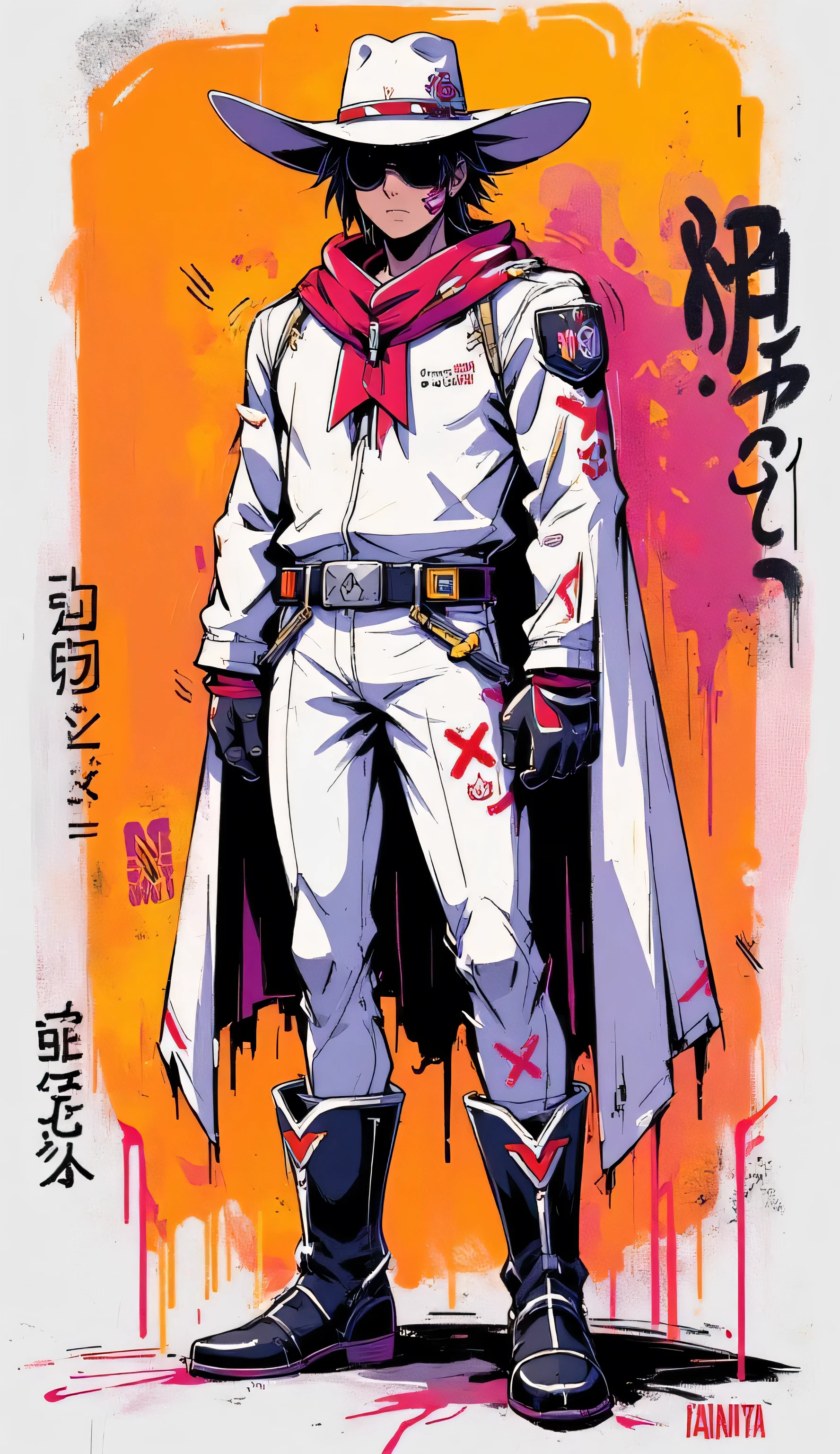 Tall guy in a white cowboy suit, standing with a confident pose.  A wide-brimmed hat , long cloak, spur boots. Background — bright street graffiti with neon shades. Image style — street art, with rude strokes, with spray stains and contrasting colors.

